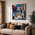 Santorini Village Wall Art Greek Island Street Framed Canvas Bougainvillea Coastal Living Room Decor