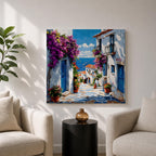 Santorini Village Wall Art Greek Island Street Framed Canvas Bougainvillea Coastal Living Room Decor