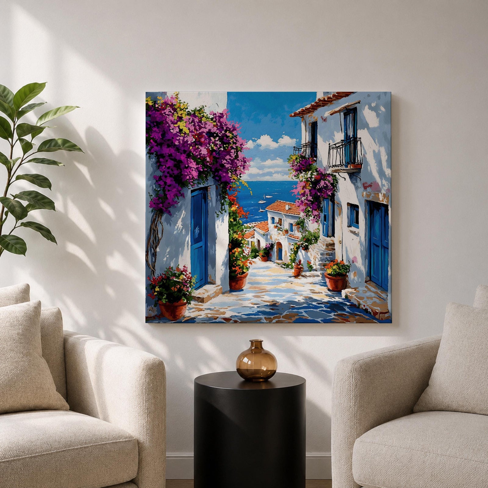 Santorini Village Wall Art Greek Island Street Framed Canvas Bougainvillea Coastal Living Room Decor