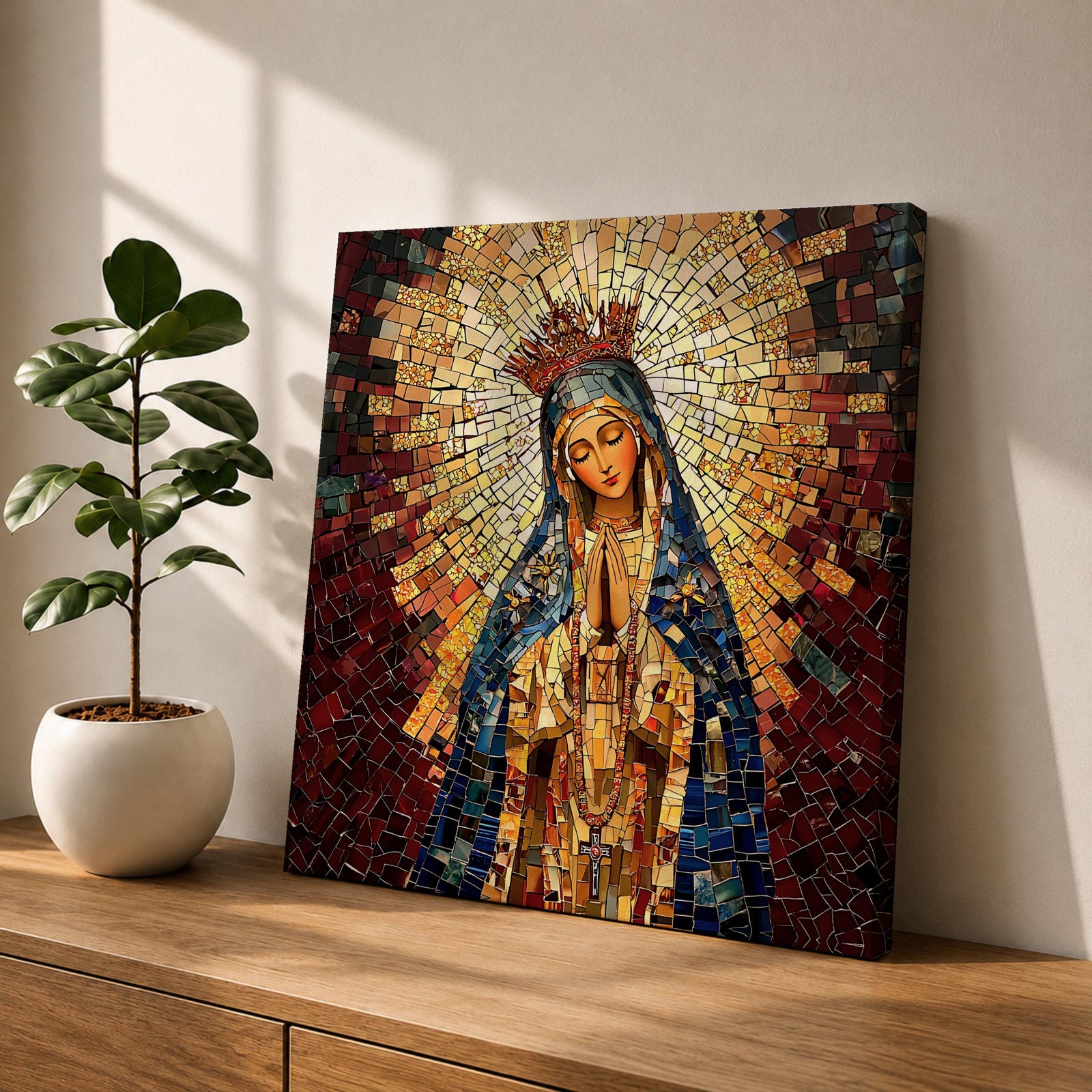 Our Lady of Guadalupe Wall Art Blessed Mother Framed Canvas Mosaic Catholic Home Decor