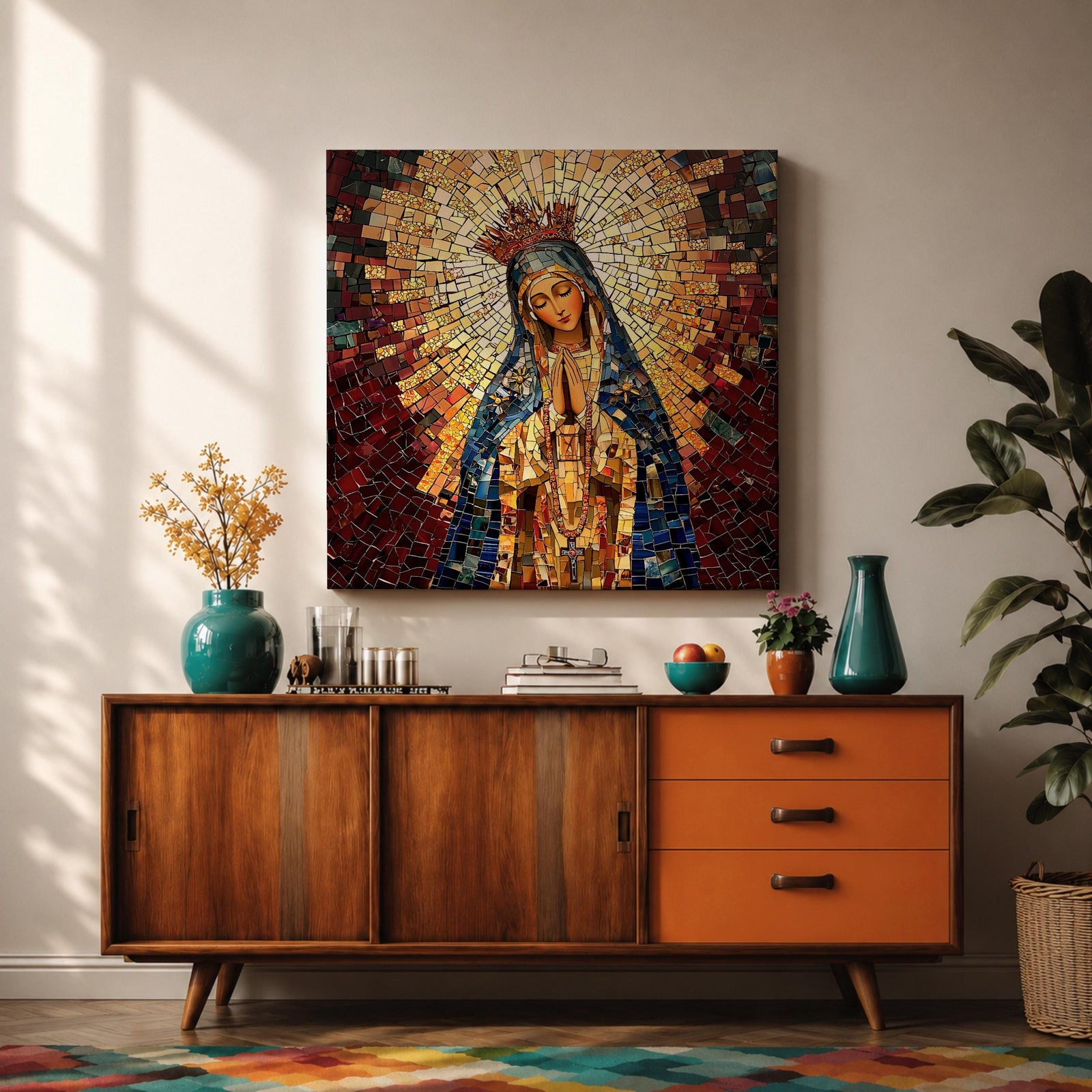 Our Lady of Guadalupe Wall Art Blessed Mother Framed Canvas Mosaic Catholic Home Decor