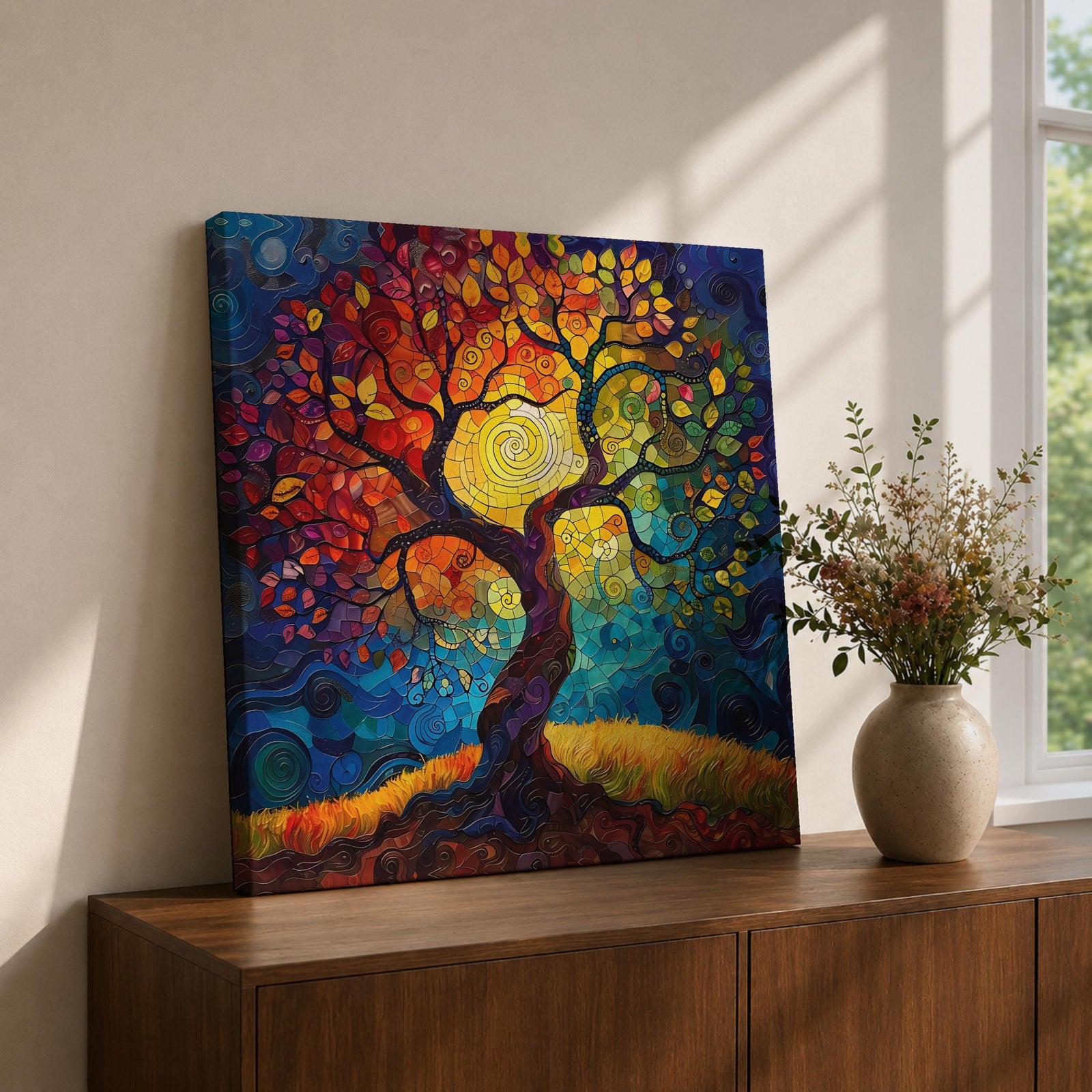 Tree of Life Wall Art Sacred Tree Framed Canvas Stained Glass Nature Home Decor