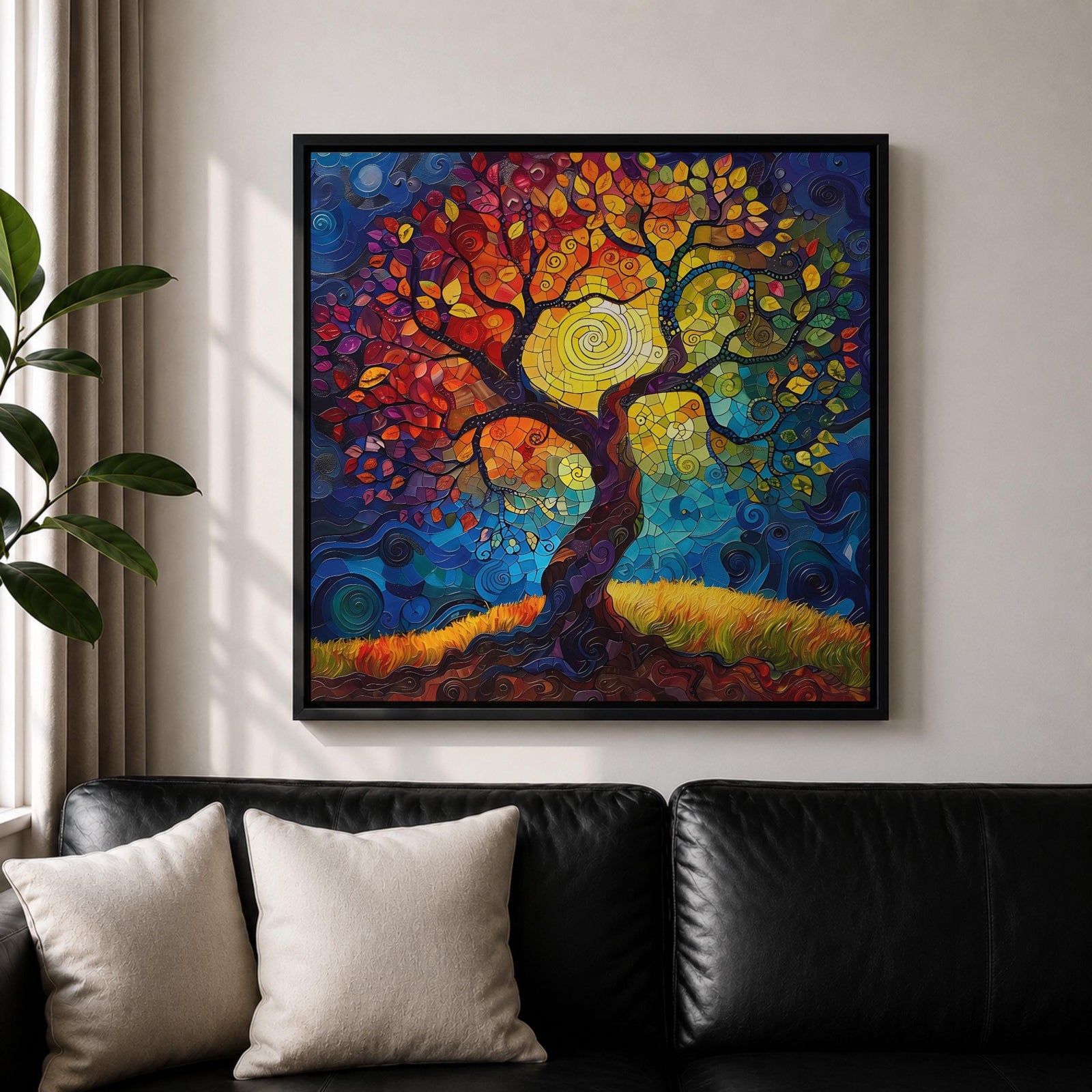 Tree of Life Wall Art Sacred Tree Framed Canvas Stained Glass Nature Home Decor