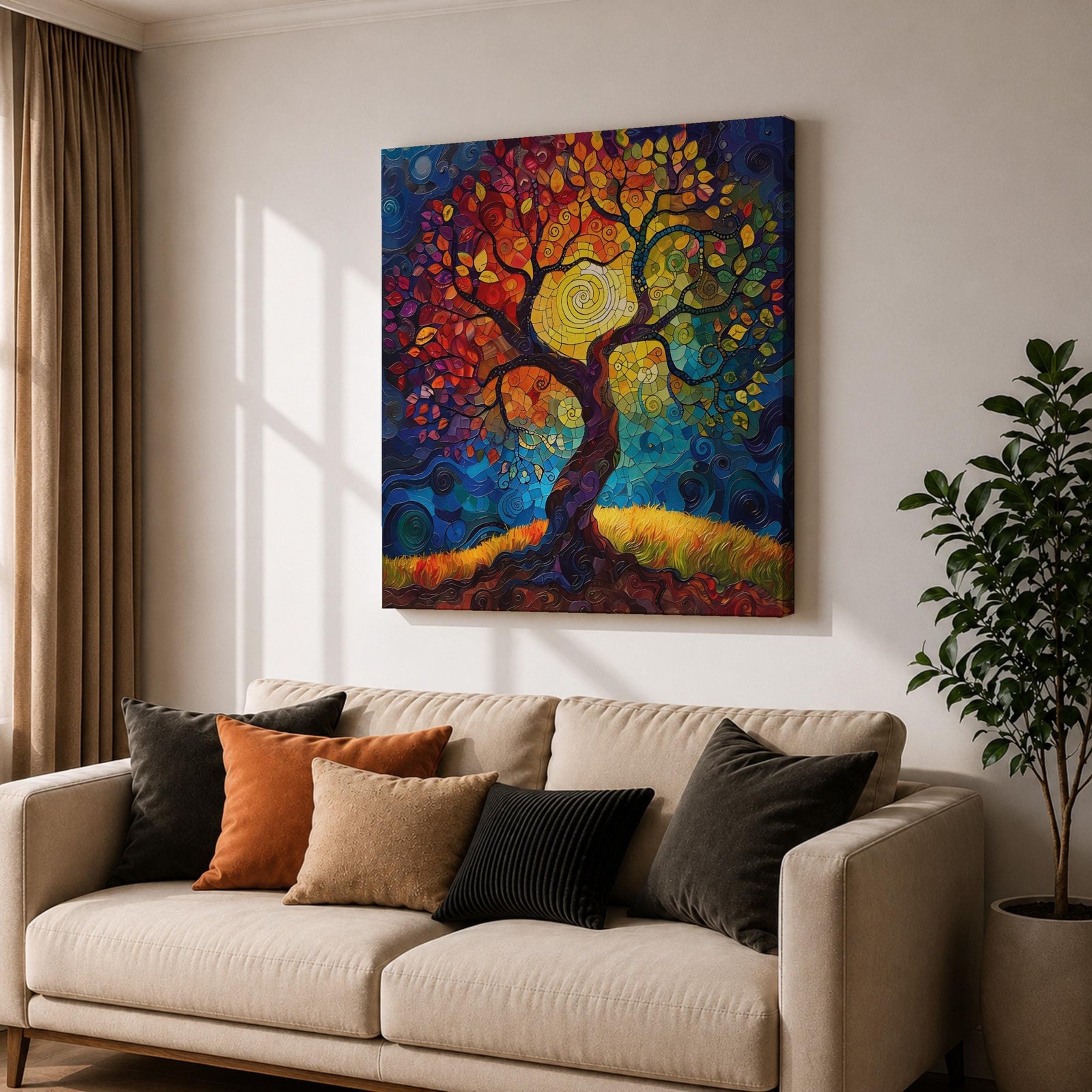Tree of Life Wall Art Sacred Tree Framed Canvas Stained Glass Nature Home Decor