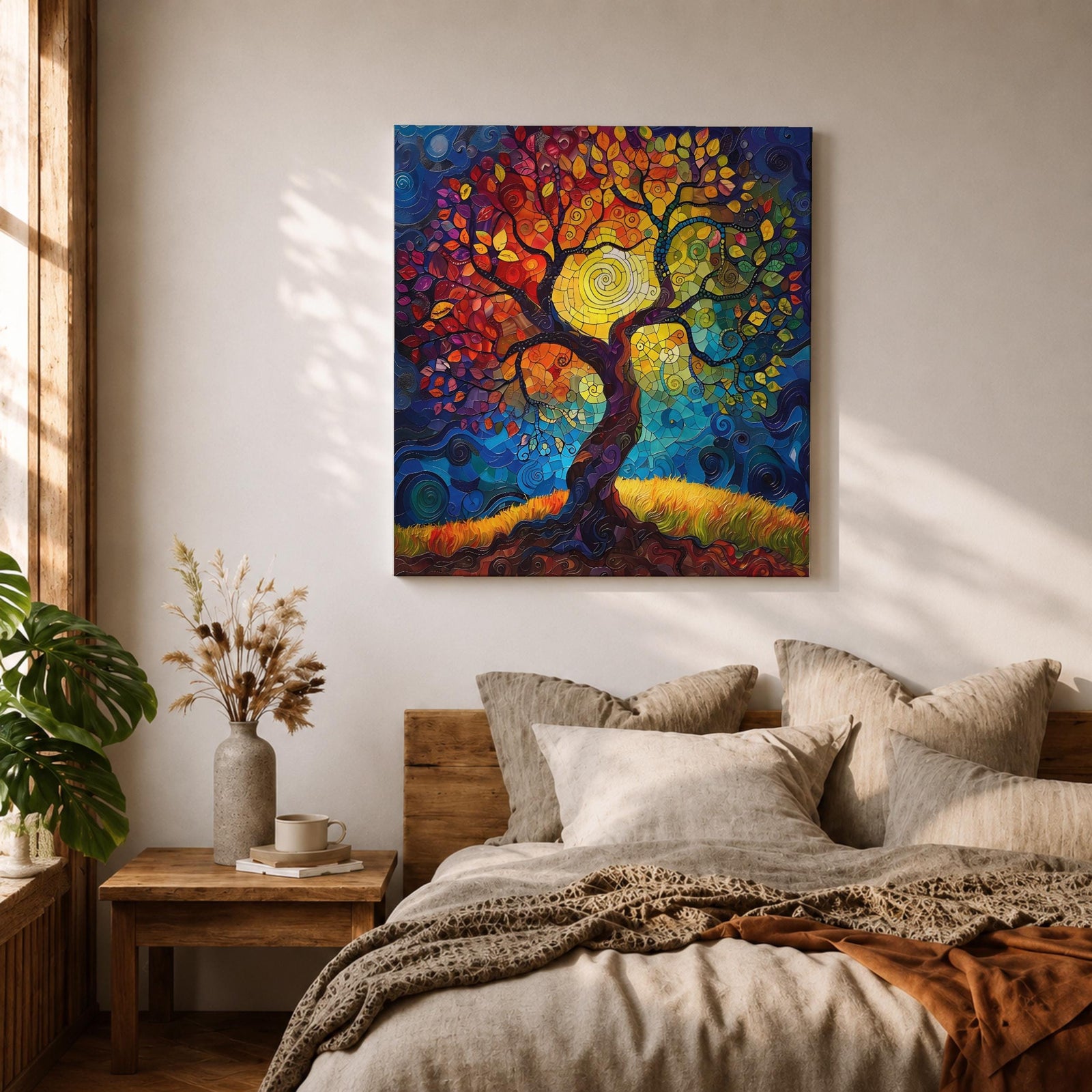 Tree of Life Wall Art Sacred Tree Framed Canvas Stained Glass Nature Home Decor