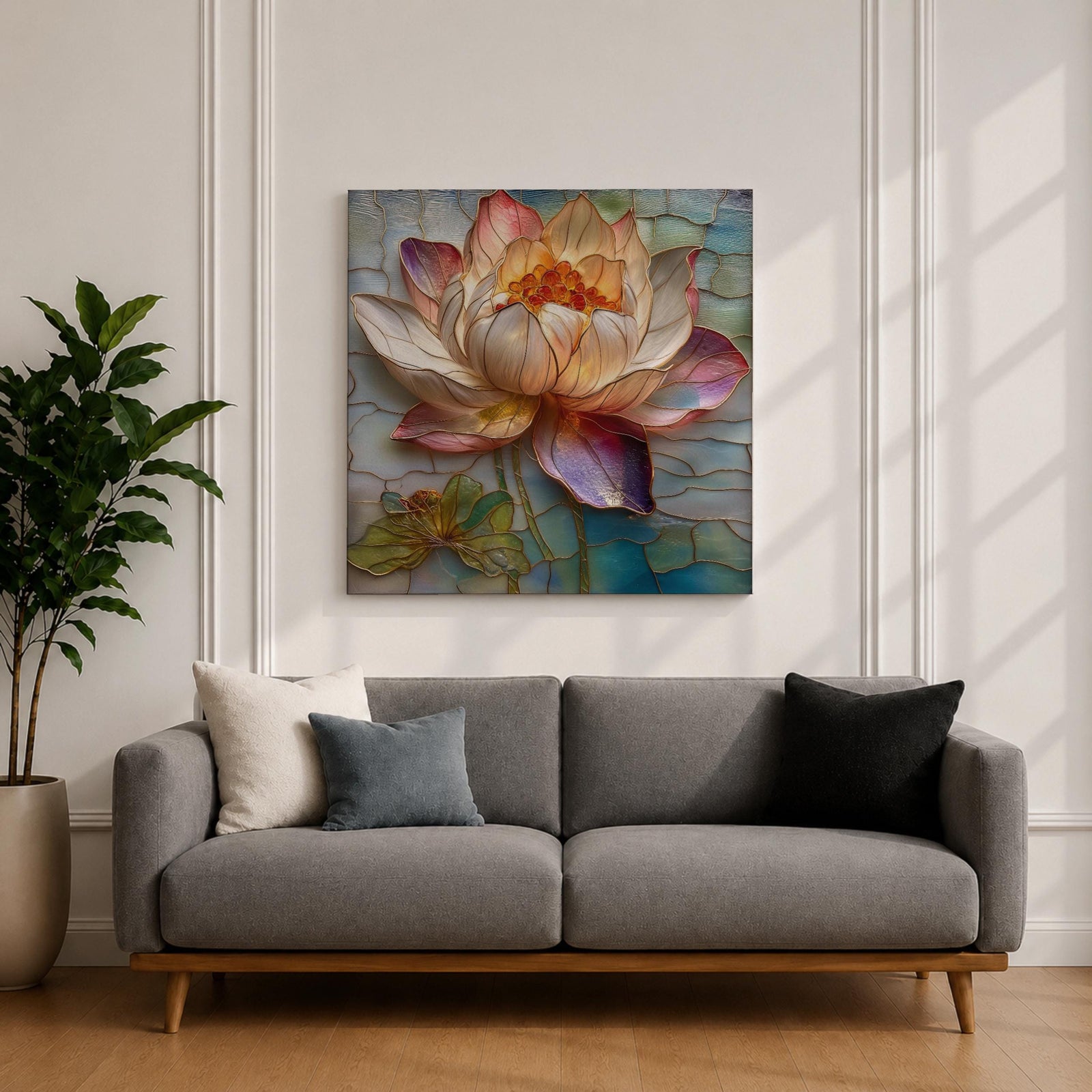 Lotus Wall Art Water Lily Framed Canvas Stained Glass Botanical Boho Home Decor