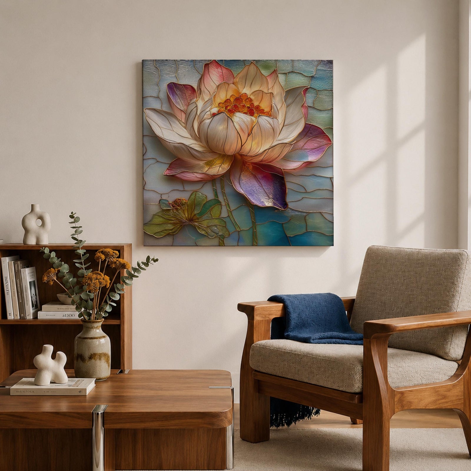Lotus Wall Art Water Lily Framed Canvas Stained Glass Botanical Boho Home Decor
