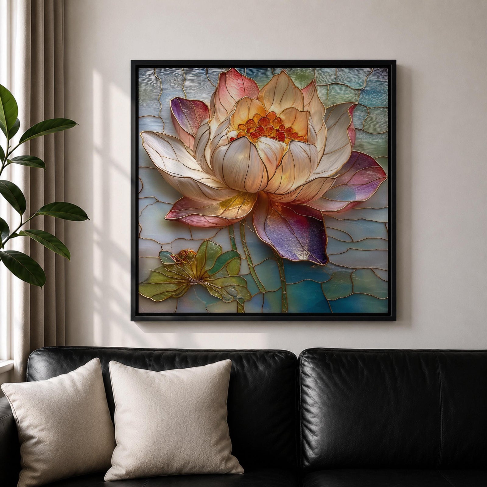 Lotus Wall Art Water Lily Framed Canvas Stained Glass Botanical Boho Home Decor