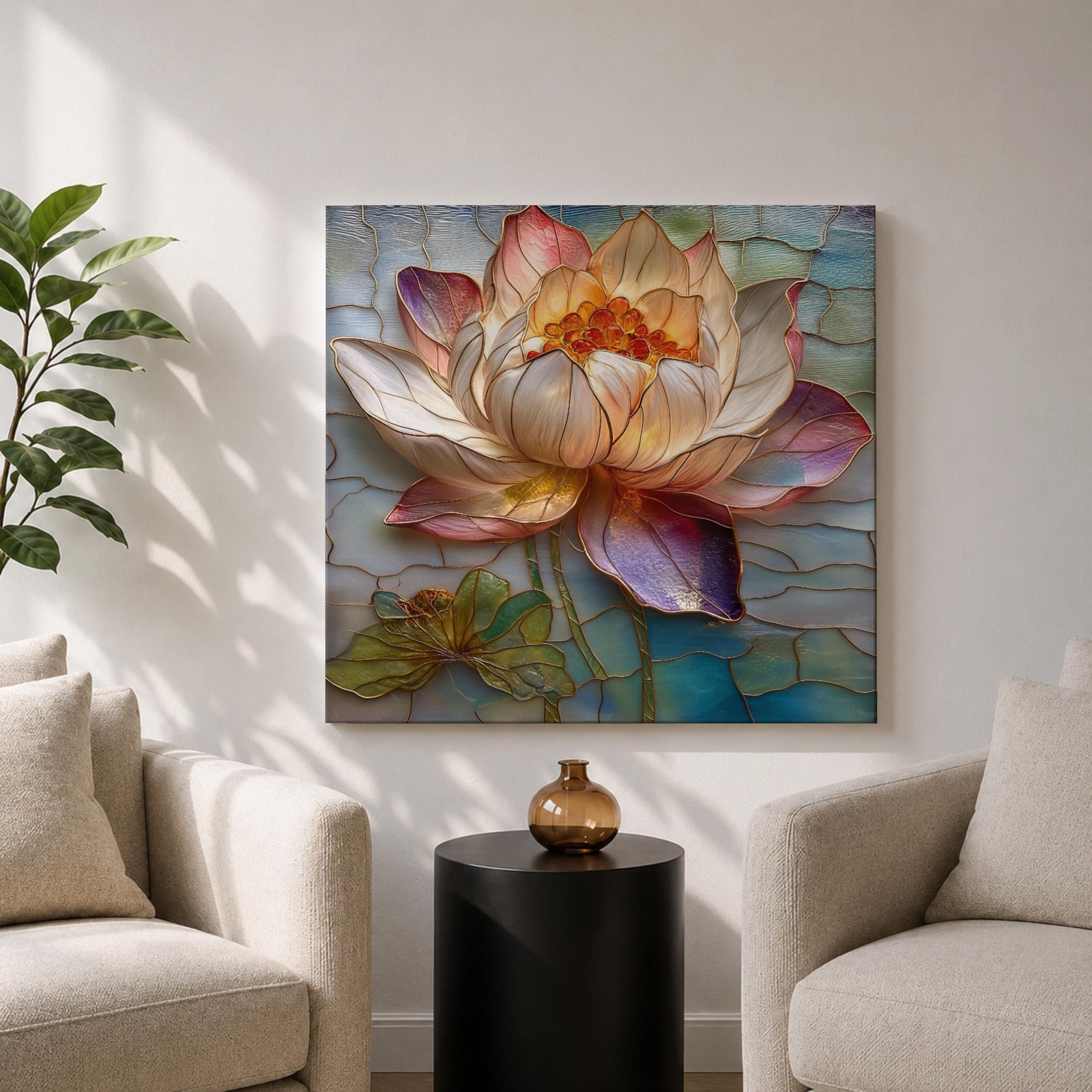 Lotus Wall Art Water Lily Framed Canvas Stained Glass Botanical Boho Home Decor
