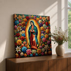 Our Lady of Guadalupe Wall Art Queen of Heaven Framed Canvas Floral Catholic Decor