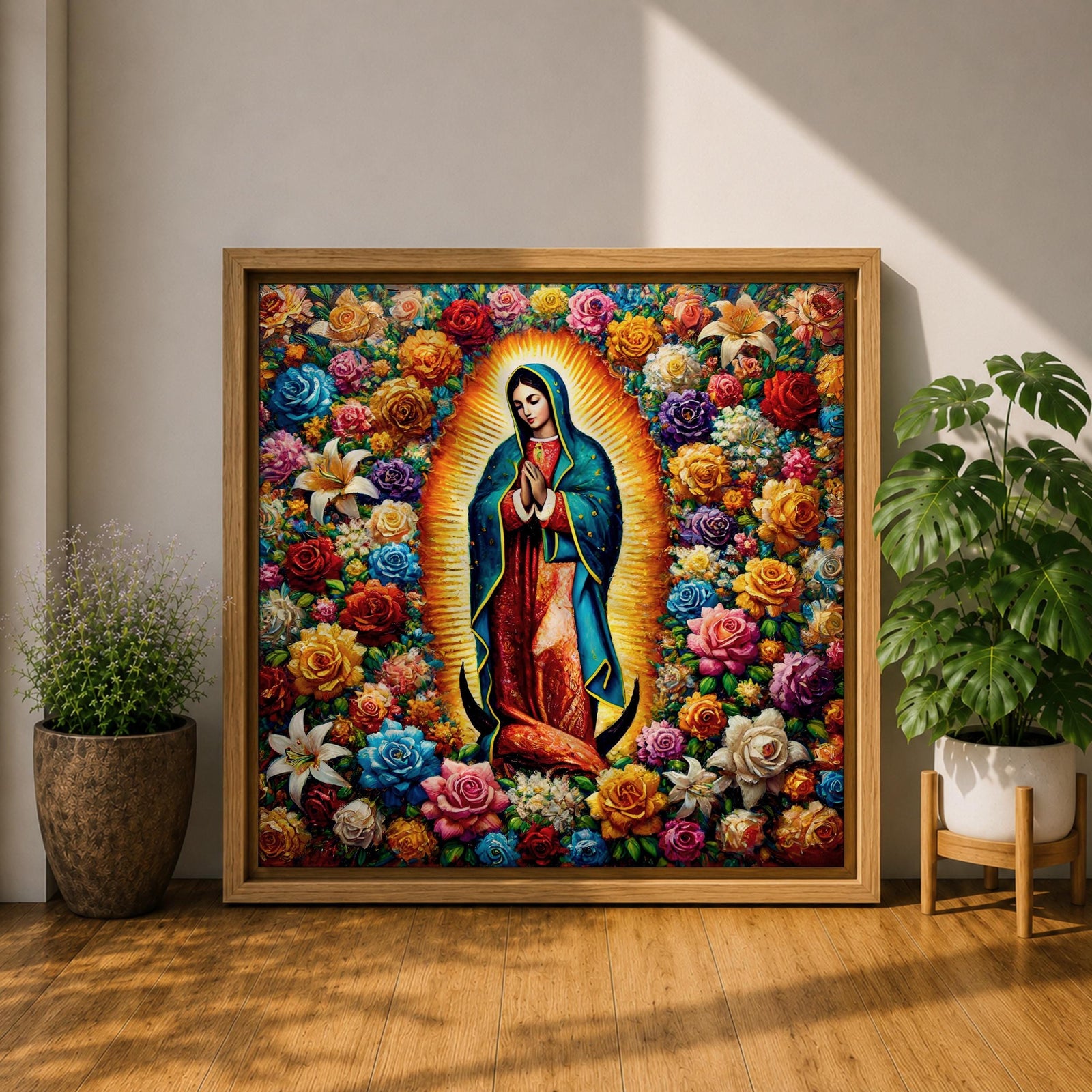 Our Lady of Guadalupe Wall Art Queen of Heaven Framed Canvas Floral Catholic Decor