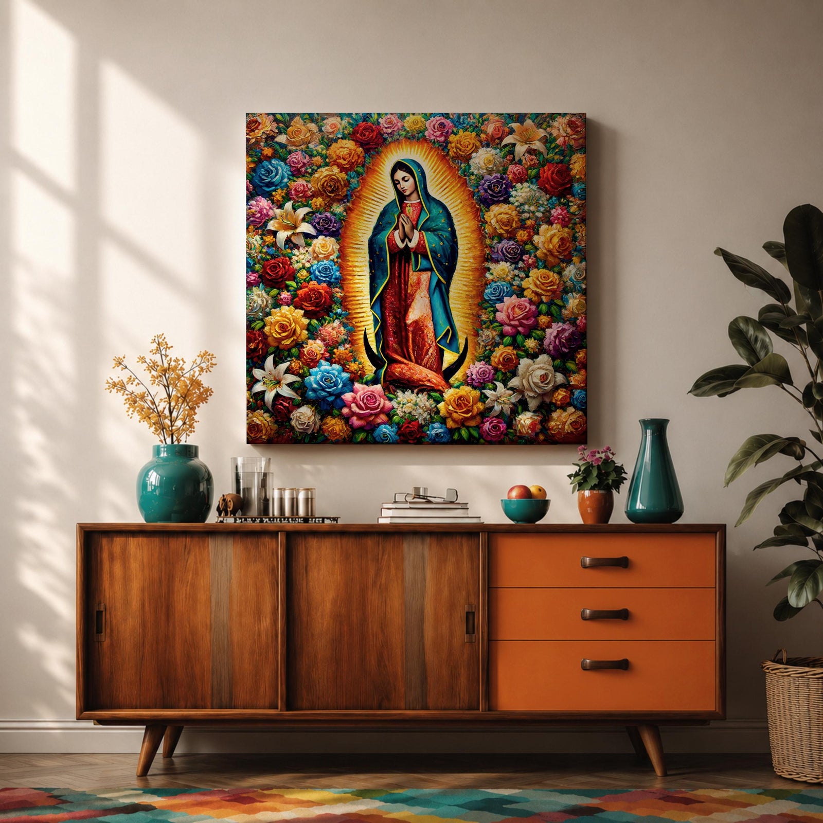 Our Lady of Guadalupe Wall Art Queen of Heaven Framed Canvas Floral Catholic Decor