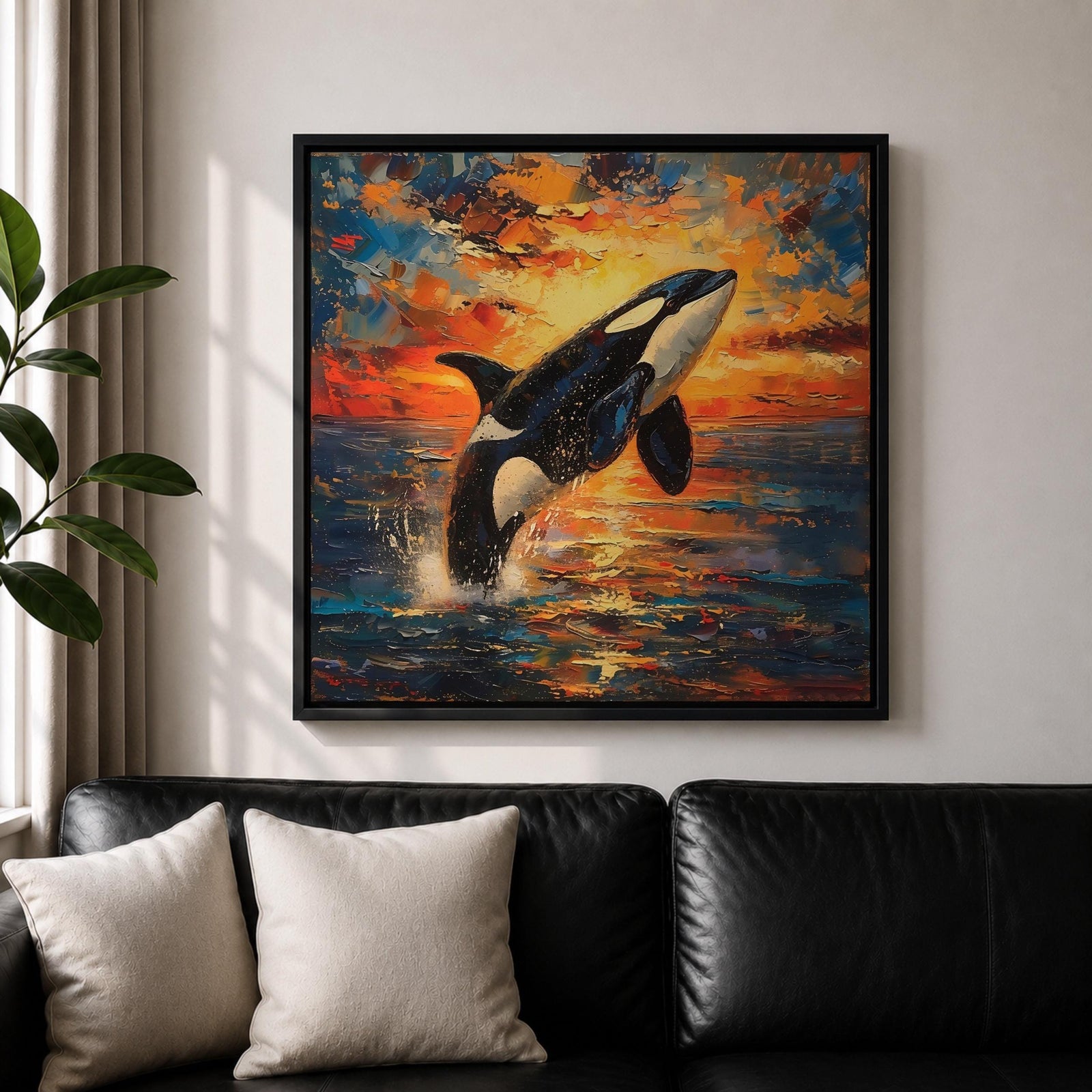 Orca Wall Art Whale Framed Canvas Ocean Wildlife Marine Impasto Coastal Home Decor