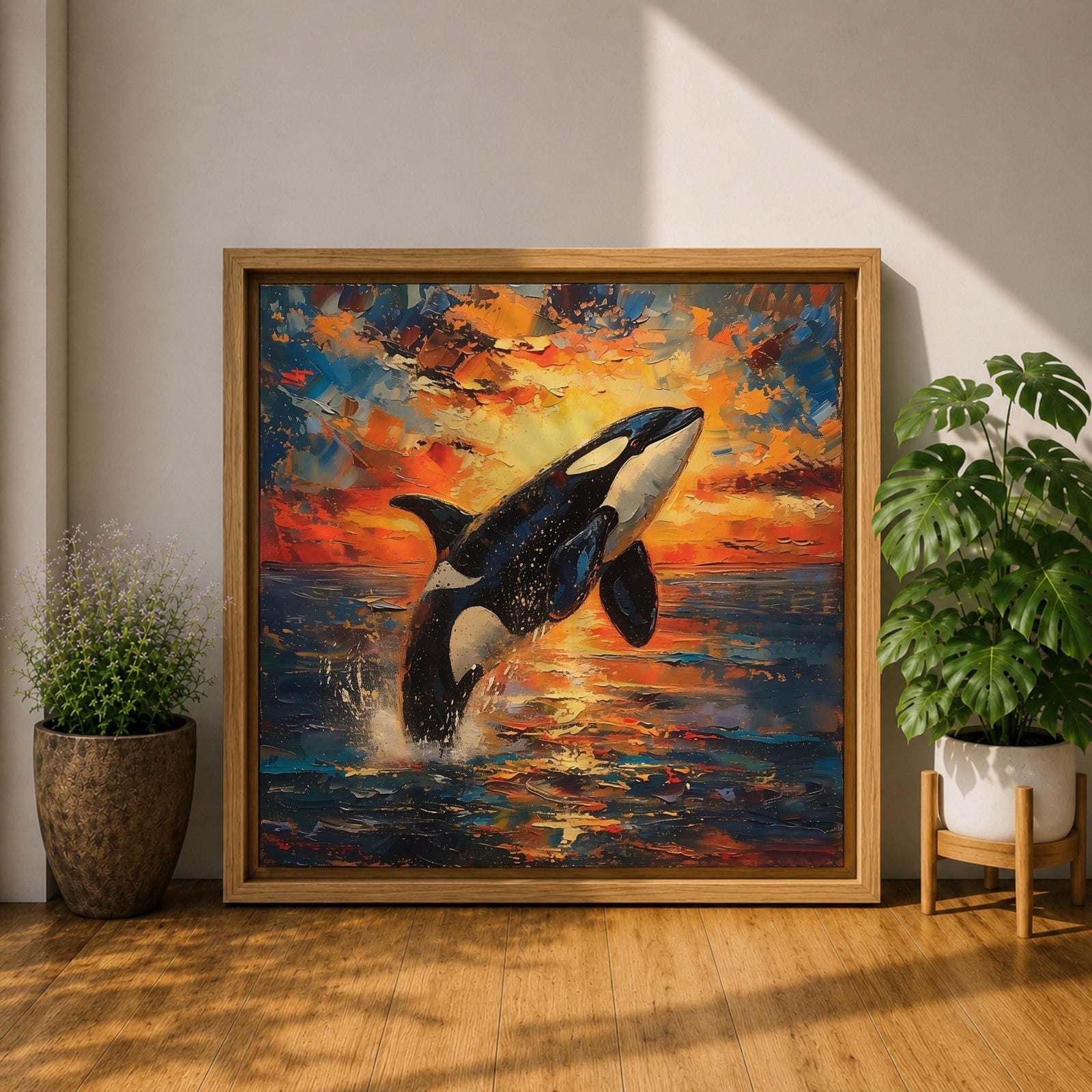 Orca Wall Art Whale Framed Canvas Ocean Wildlife Marine Impasto Coastal Home Decor