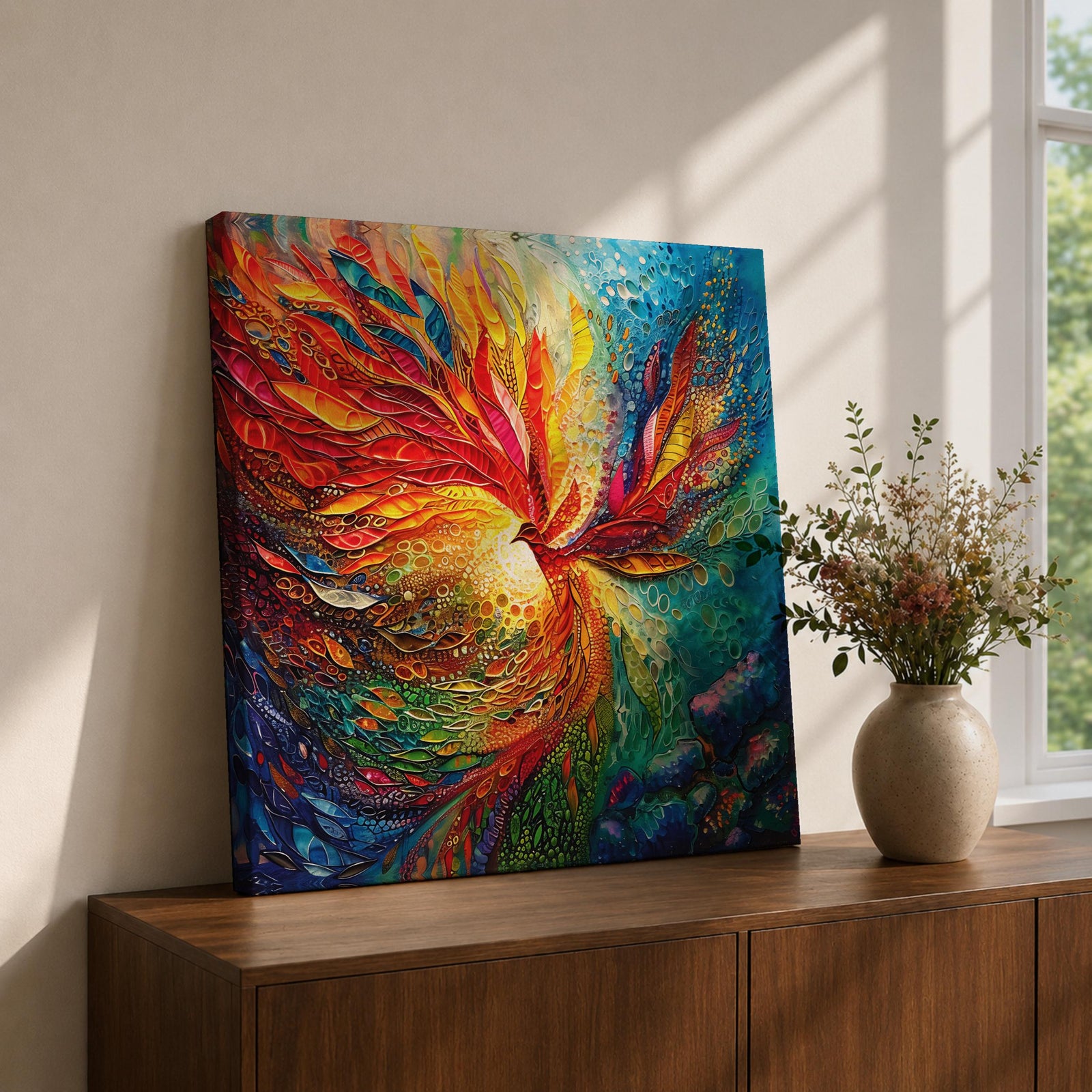 Phoenix Wall Art Firebird Framed Canvas Fantasy Abstract Mythical Boho Home Decor