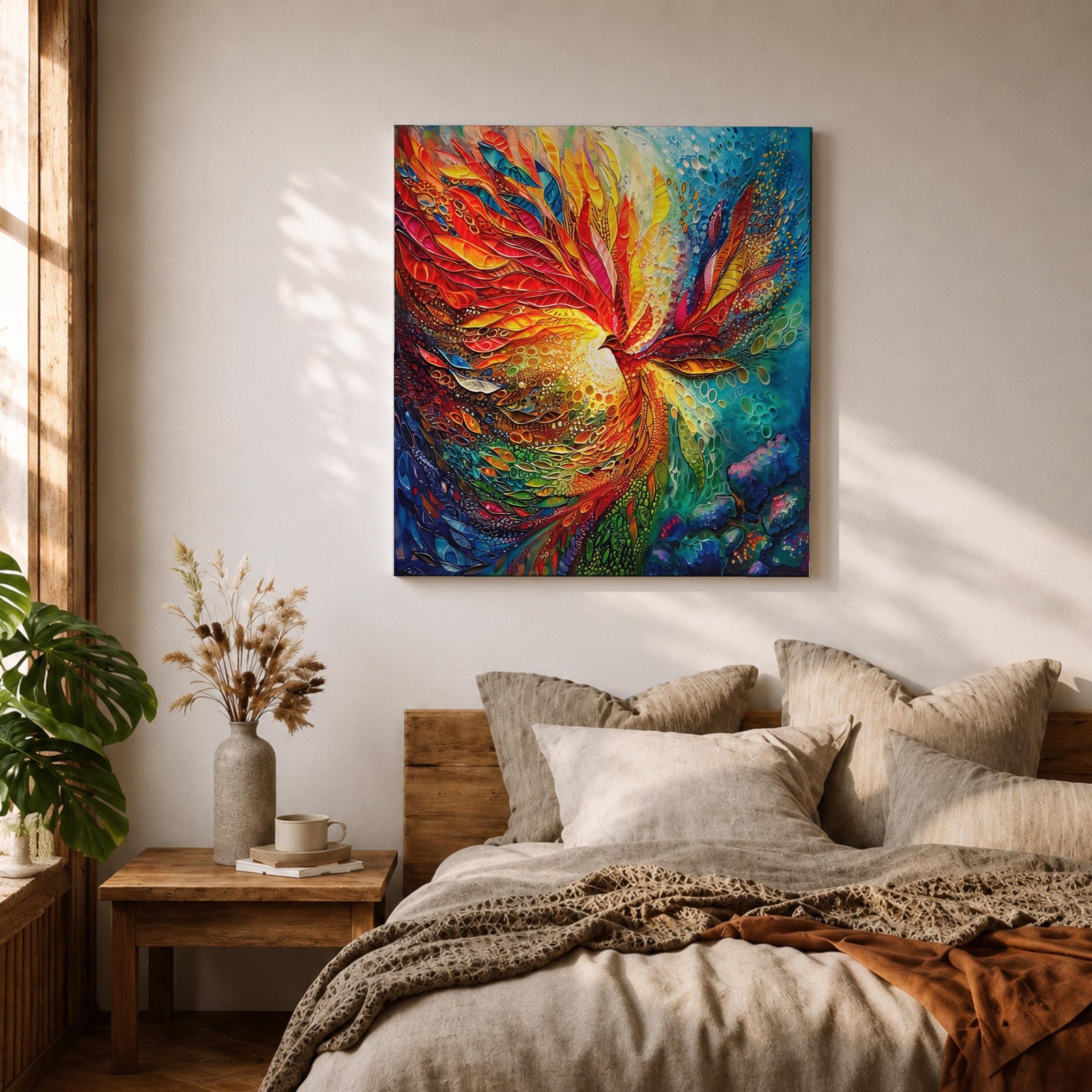 Phoenix Wall Art Firebird Framed Canvas Fantasy Abstract Mythical Boho Home Decor
