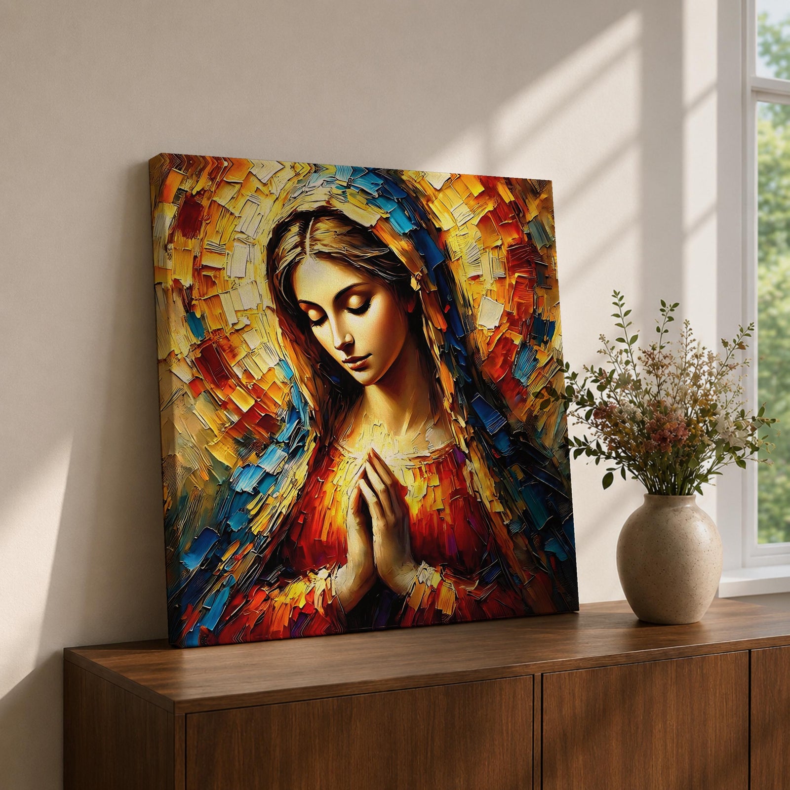 Virgin Mary Wall Art Blessed Mother Framed Canvas Impasto Catholic Antique Home Decor