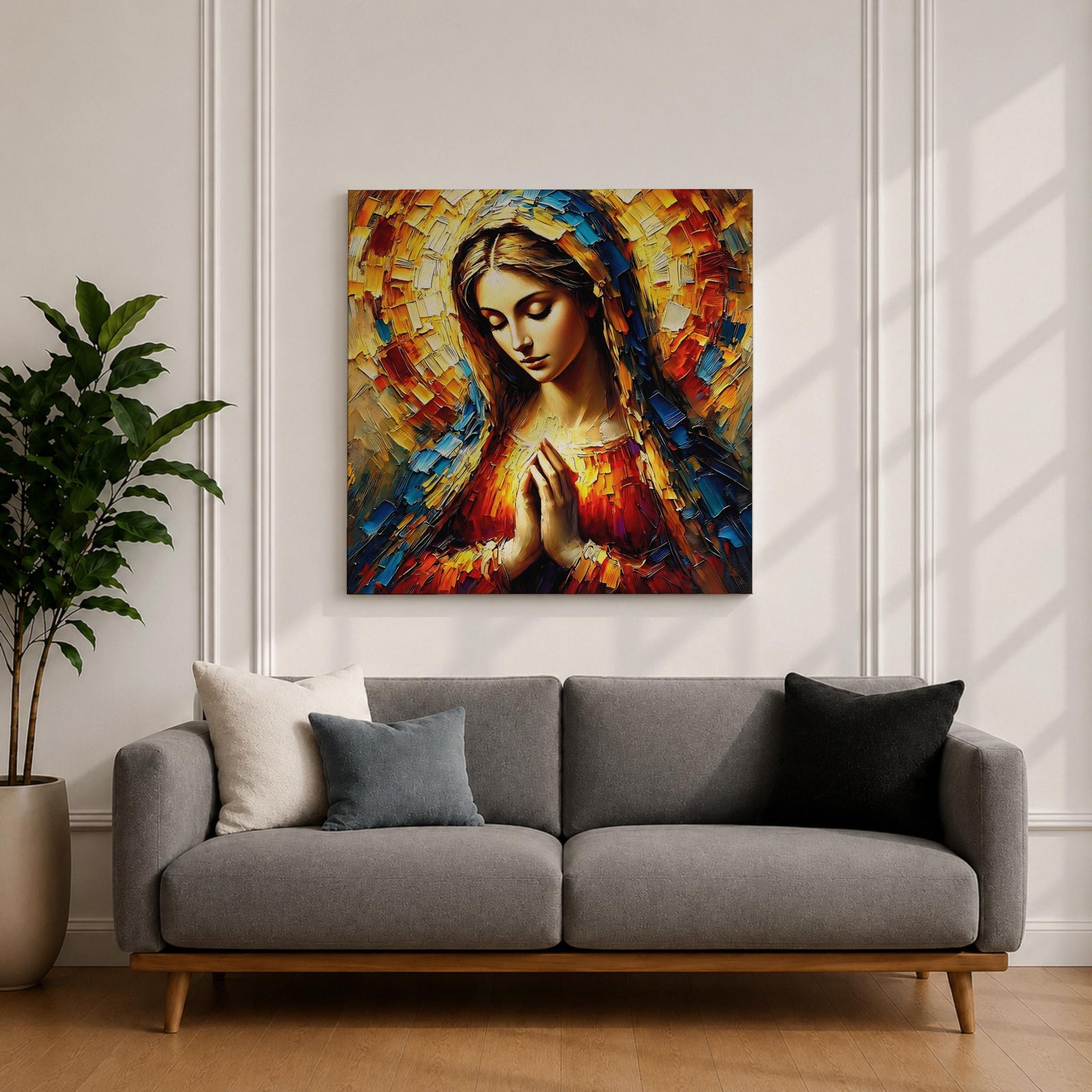 Virgin Mary Wall Art Blessed Mother Framed Canvas Impasto Catholic Antique Home Decor