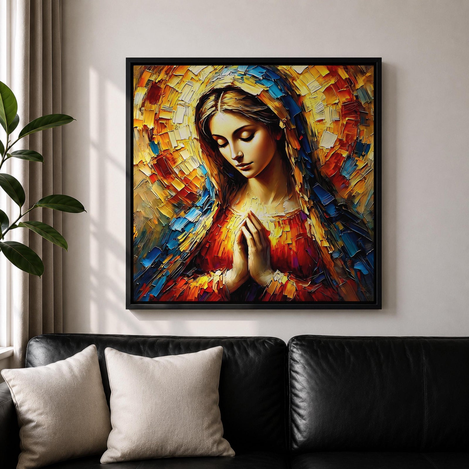 Virgin Mary Wall Art Blessed Mother Framed Canvas Impasto Catholic Antique Home Decor