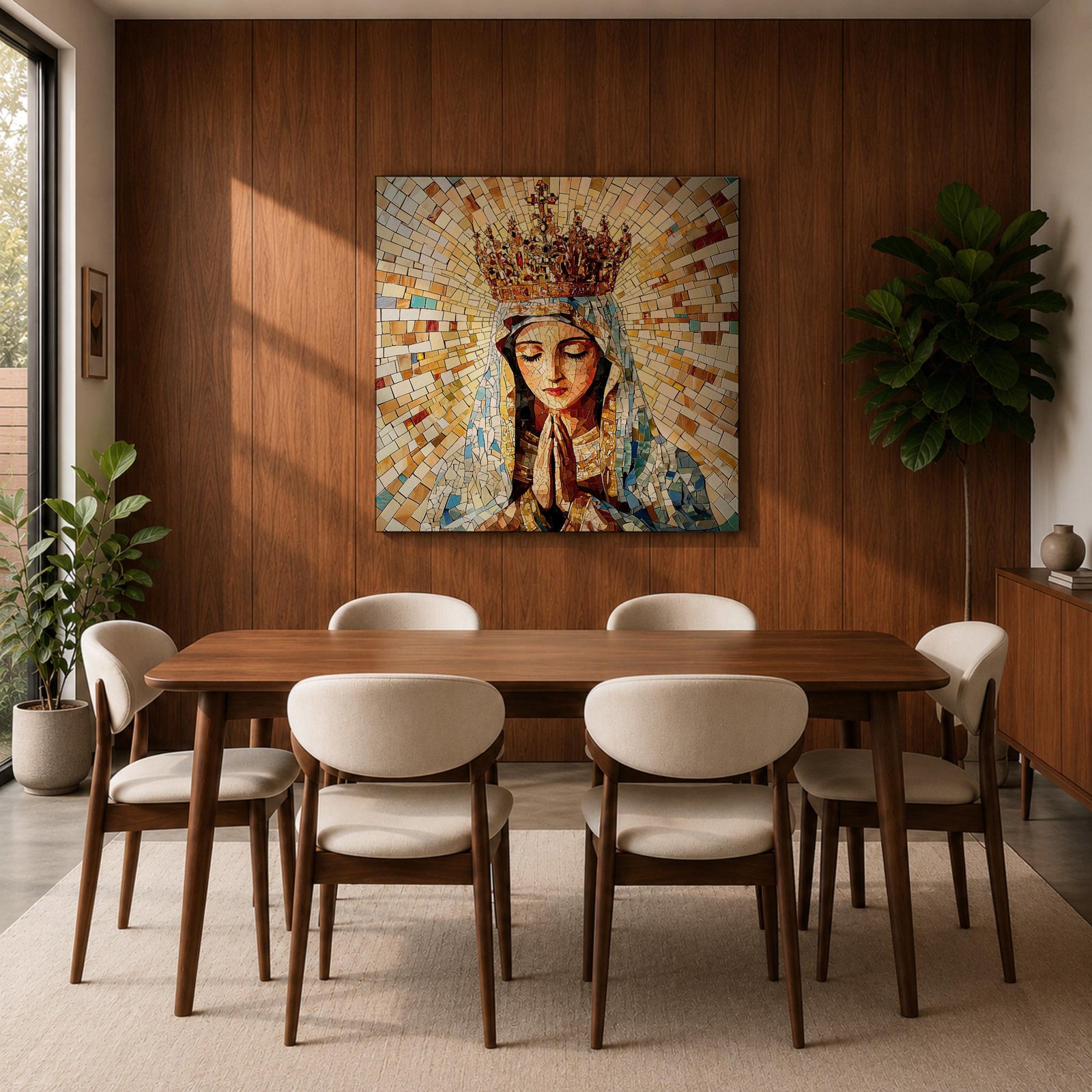 Virgin Mary Wall Art Queen of Heaven Framed Canvas Mosaic Catholic Sacred Home Decor