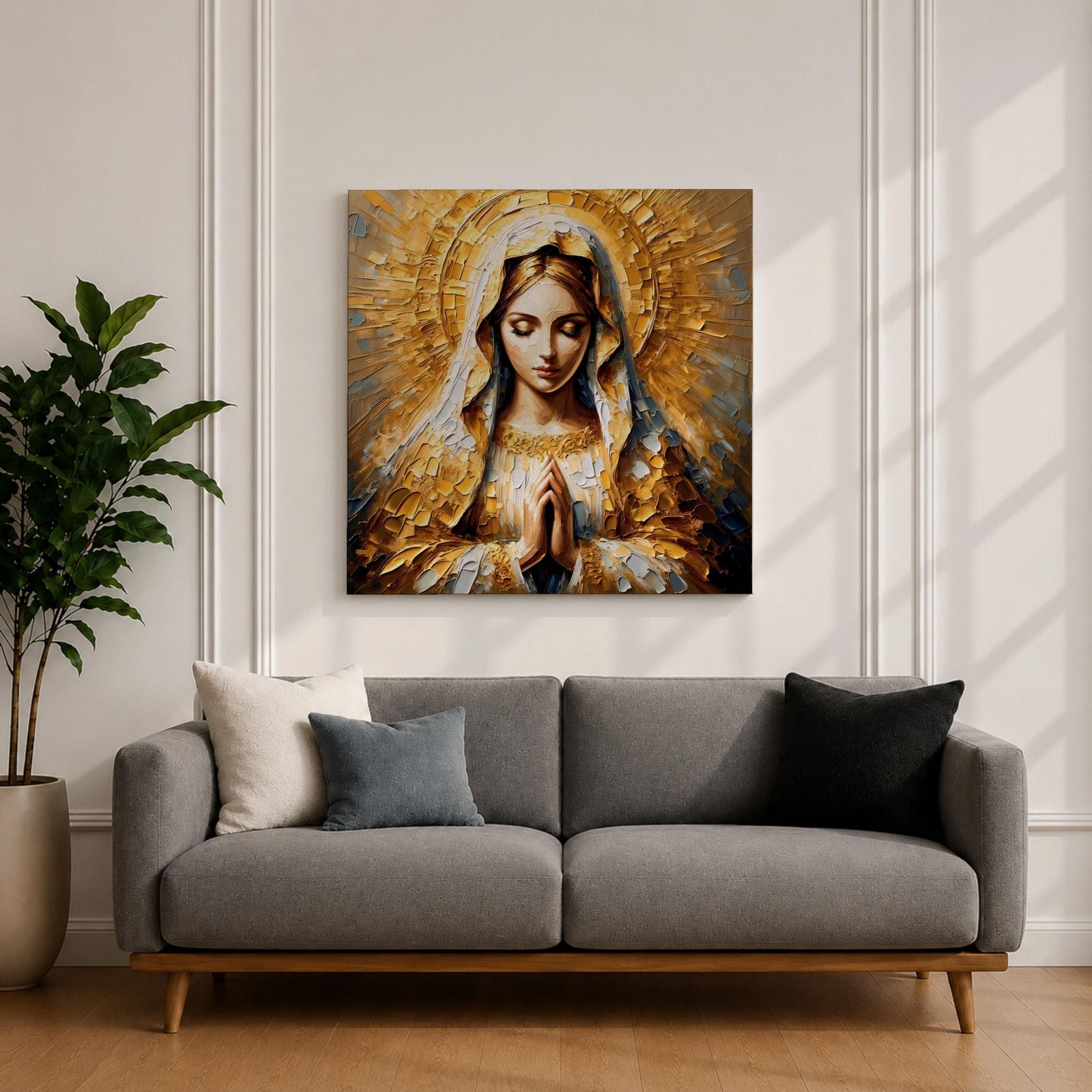 Virgin Mary Wall Art Mother of Jesus Framed Canvas Impasto Catholic Sacred Home Decor