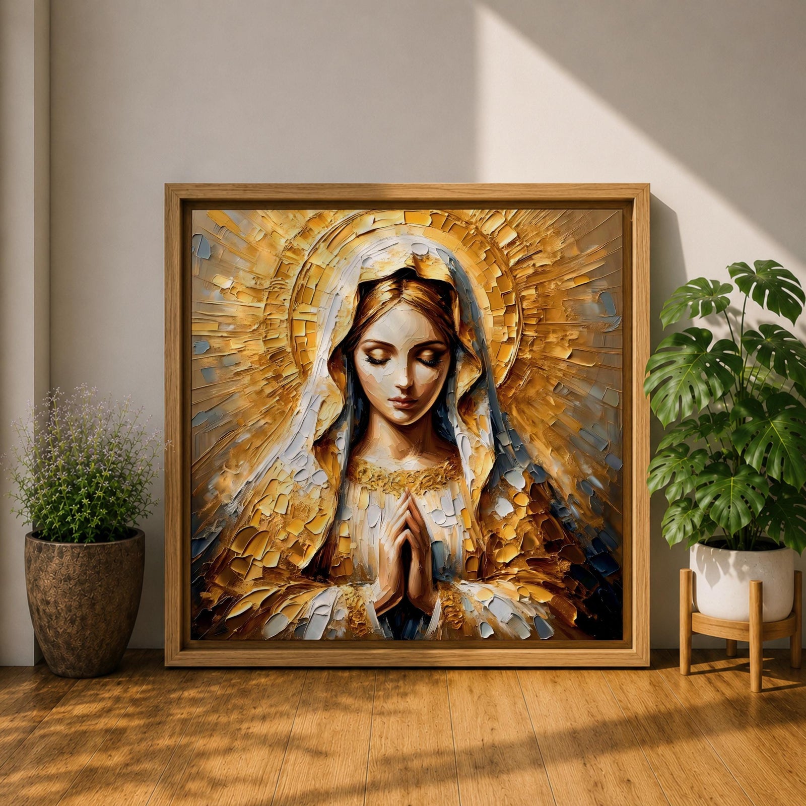 Virgin Mary Wall Art Mother of Jesus Framed Canvas Impasto Catholic Sacred Home Decor