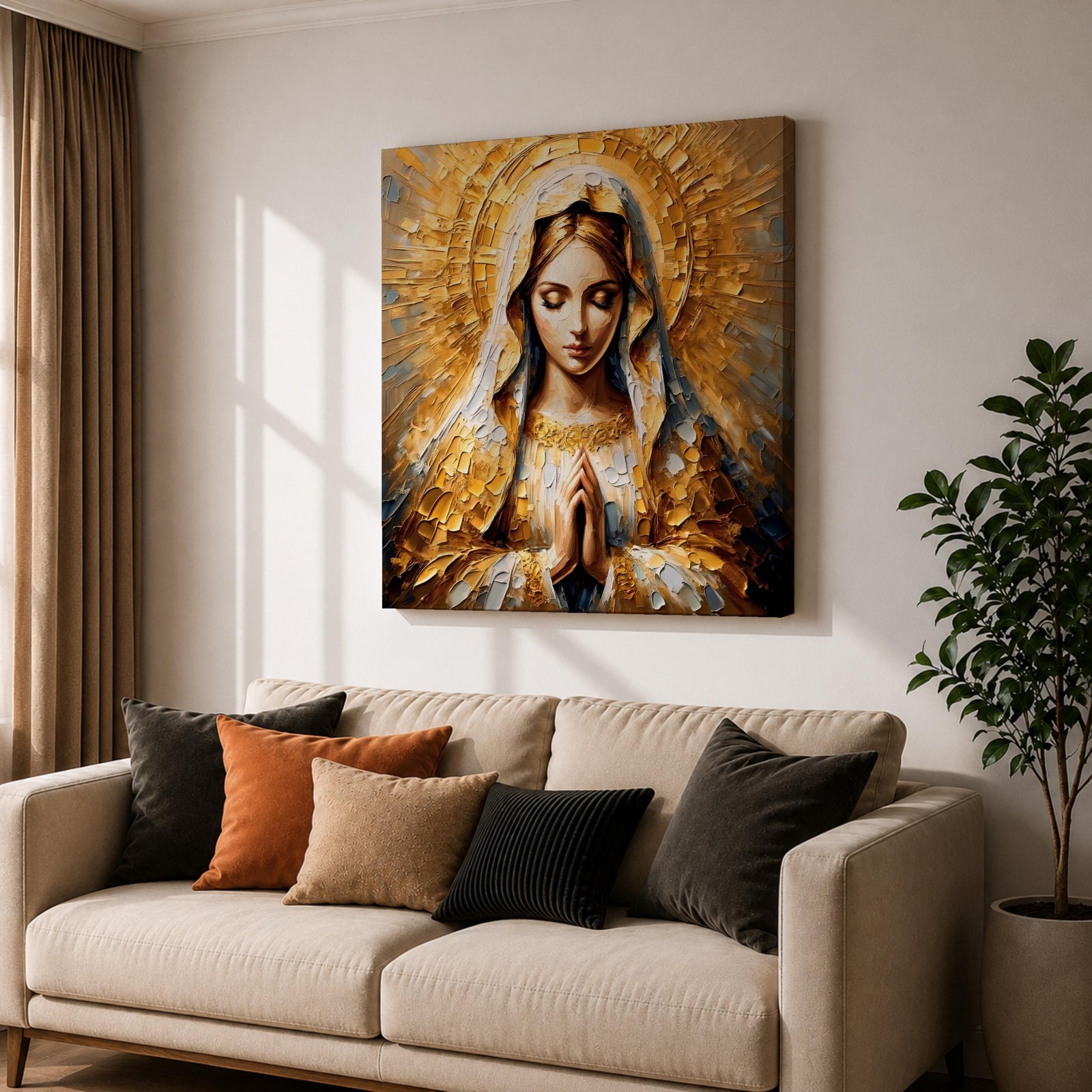 Virgin Mary Wall Art Mother of Jesus Framed Canvas Impasto Catholic Sacred Home Decor