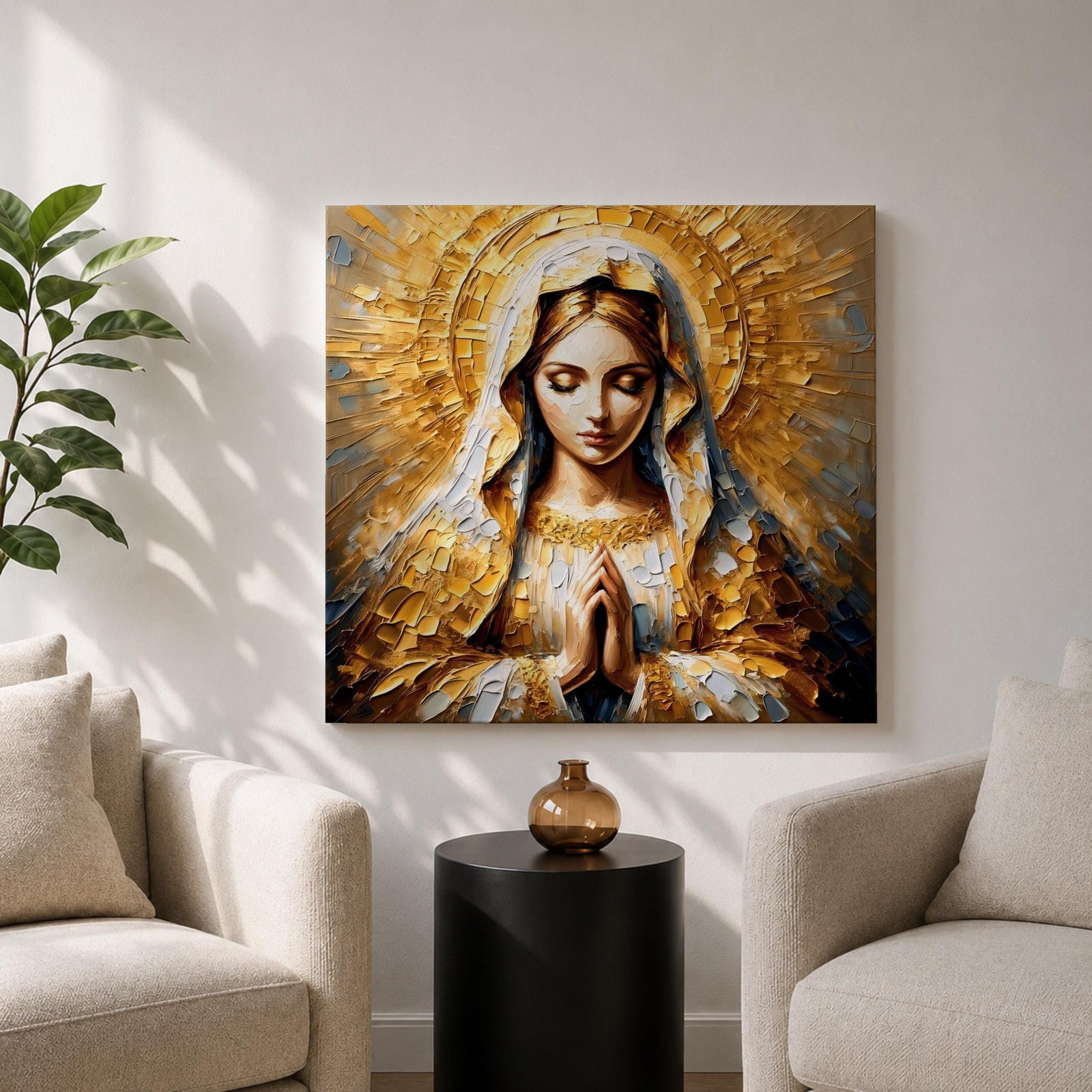 Virgin Mary Wall Art Mother of Jesus Framed Canvas Impasto Catholic Sacred Home Decor