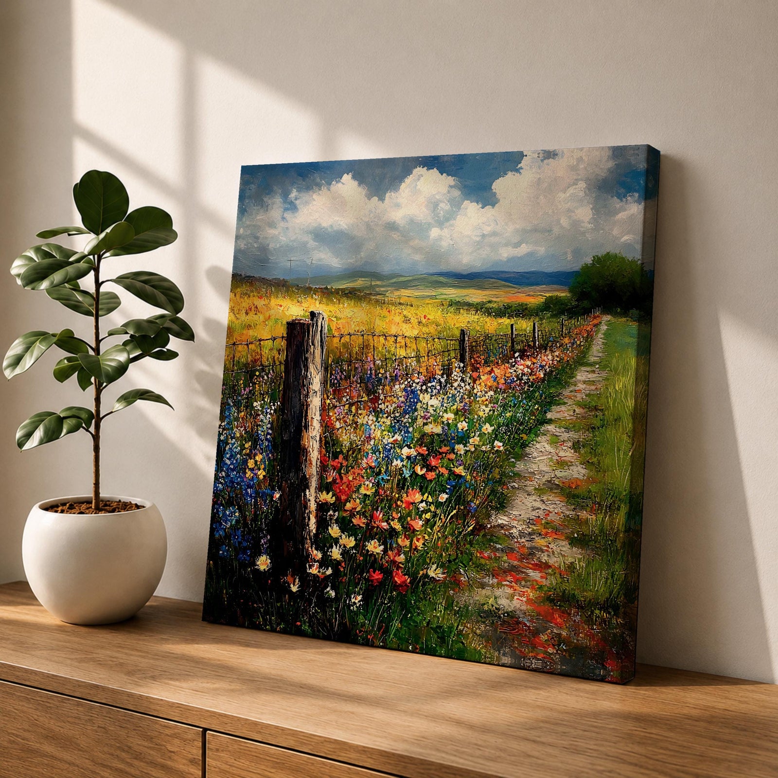 Countryside Path Wall Art Country Trail Framed Canvas Wildflower Field Impasto Landscape Home Decor