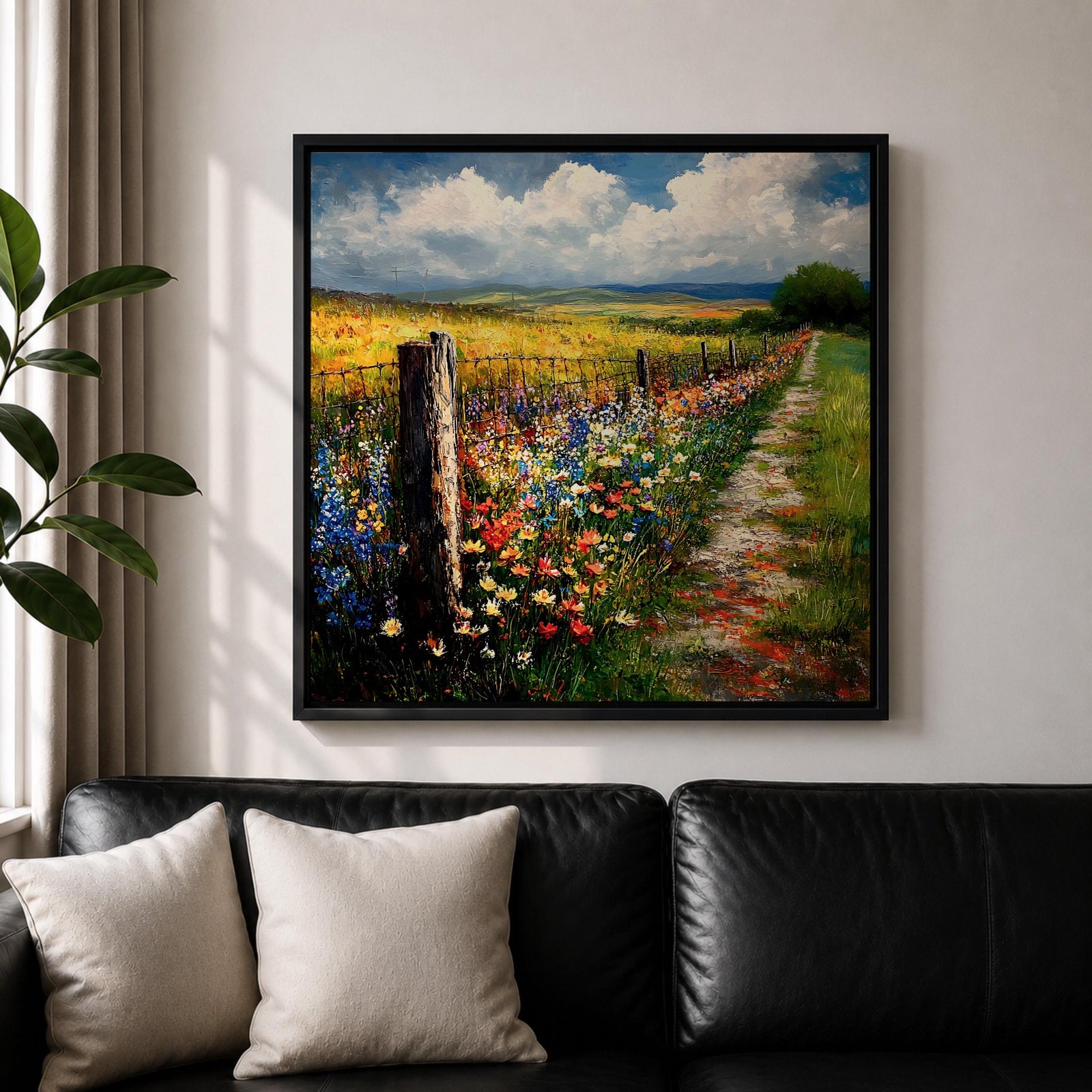 Countryside Path Wall Art Country Trail Framed Canvas Wildflower Field Impasto Landscape Home Decor