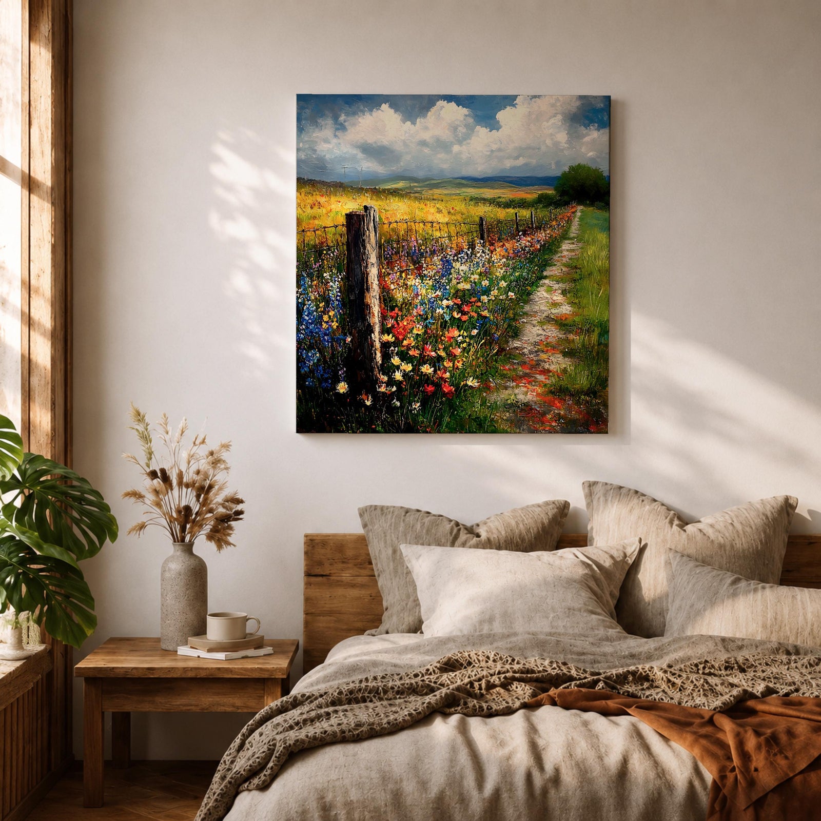 Countryside Path Wall Art Country Trail Framed Canvas Wildflower Field Impasto Landscape Home Decor