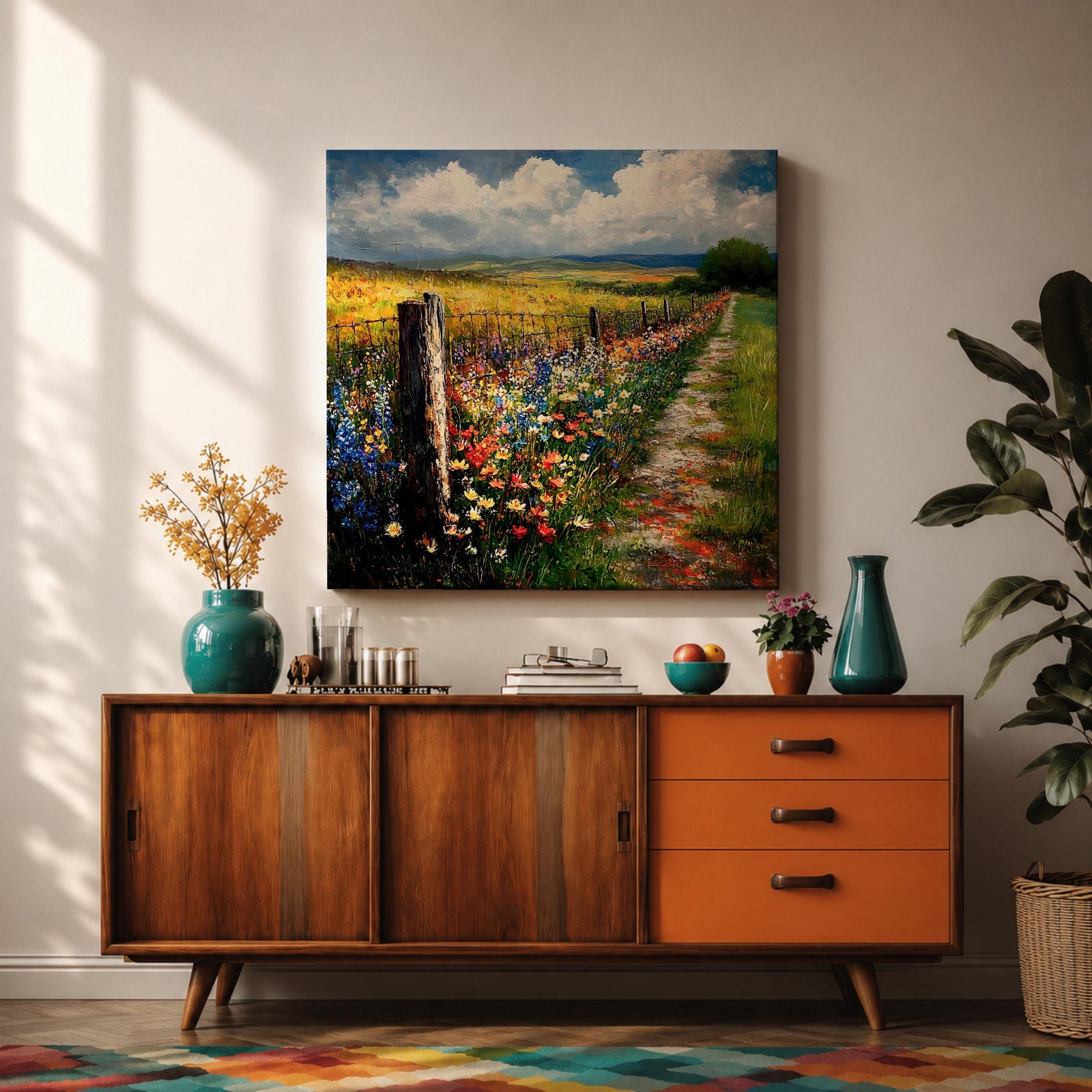 Countryside Path Wall Art Country Trail Framed Canvas Wildflower Field Impasto Landscape Home Decor