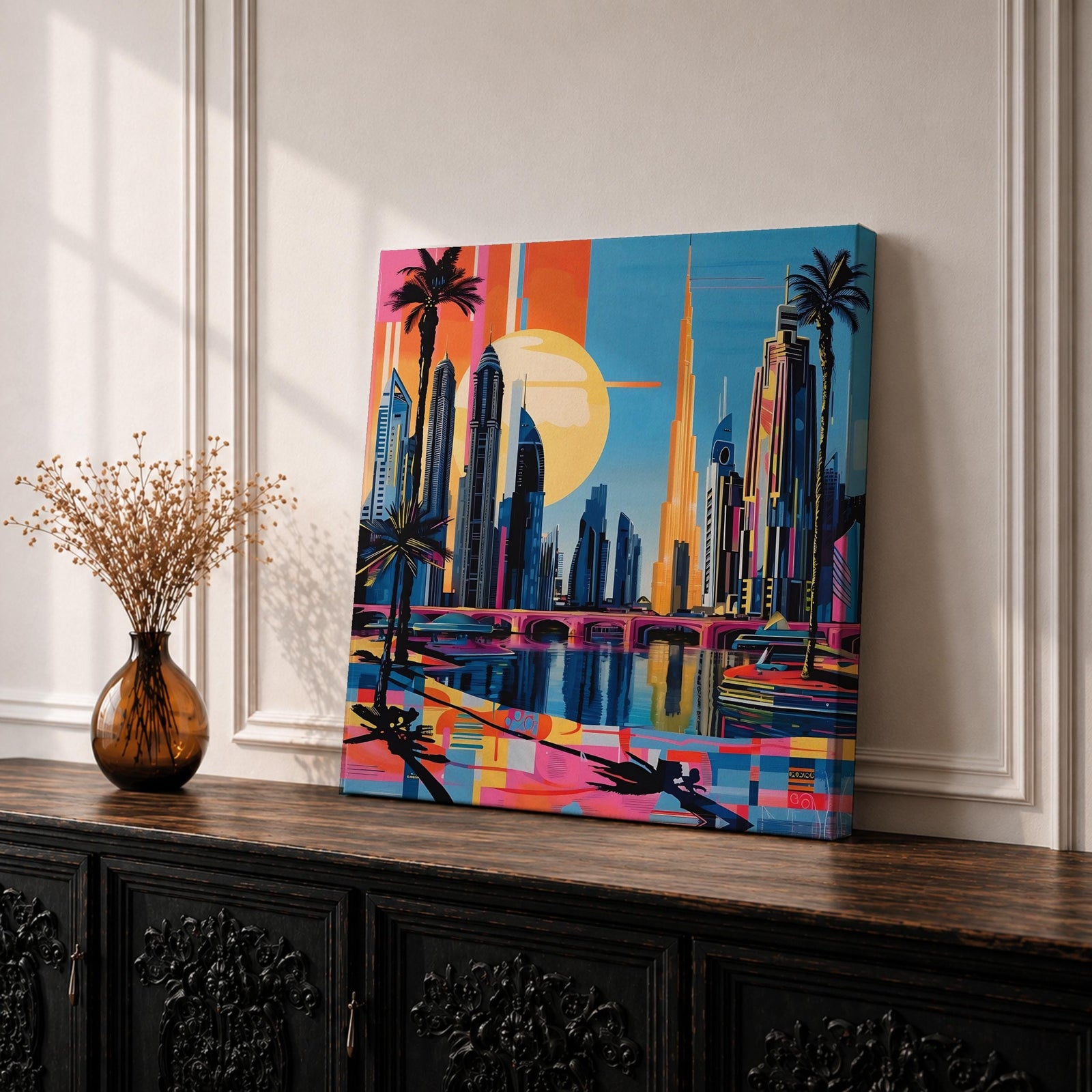 Dubai Skyline Wall Art Burj Khalifa Cityscape Framed Canvas UAE Retro Travel Home Decor