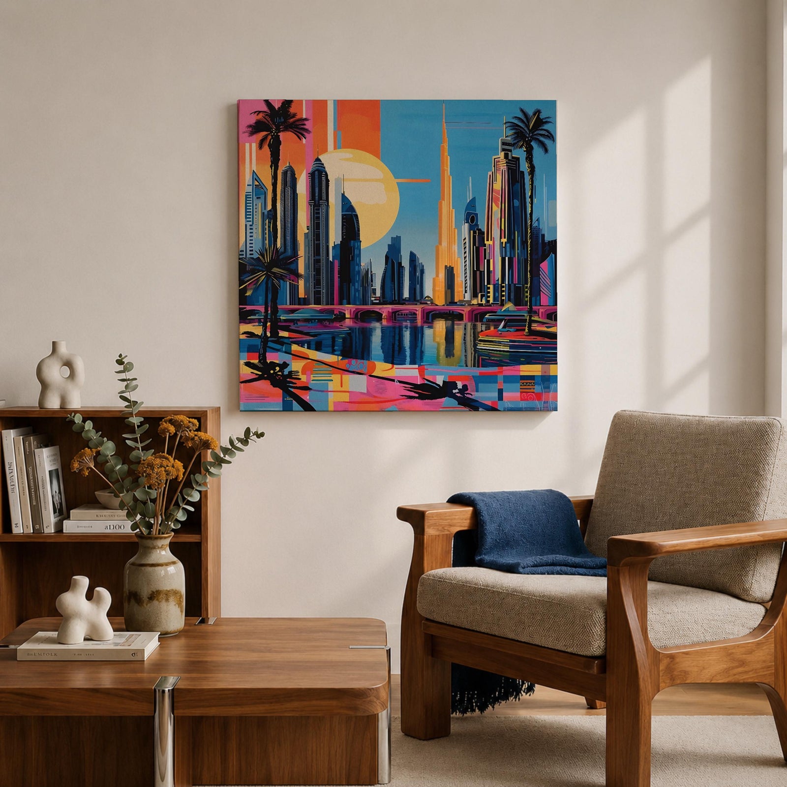Dubai Skyline Wall Art Burj Khalifa Cityscape Framed Canvas UAE Retro Travel Home Decor