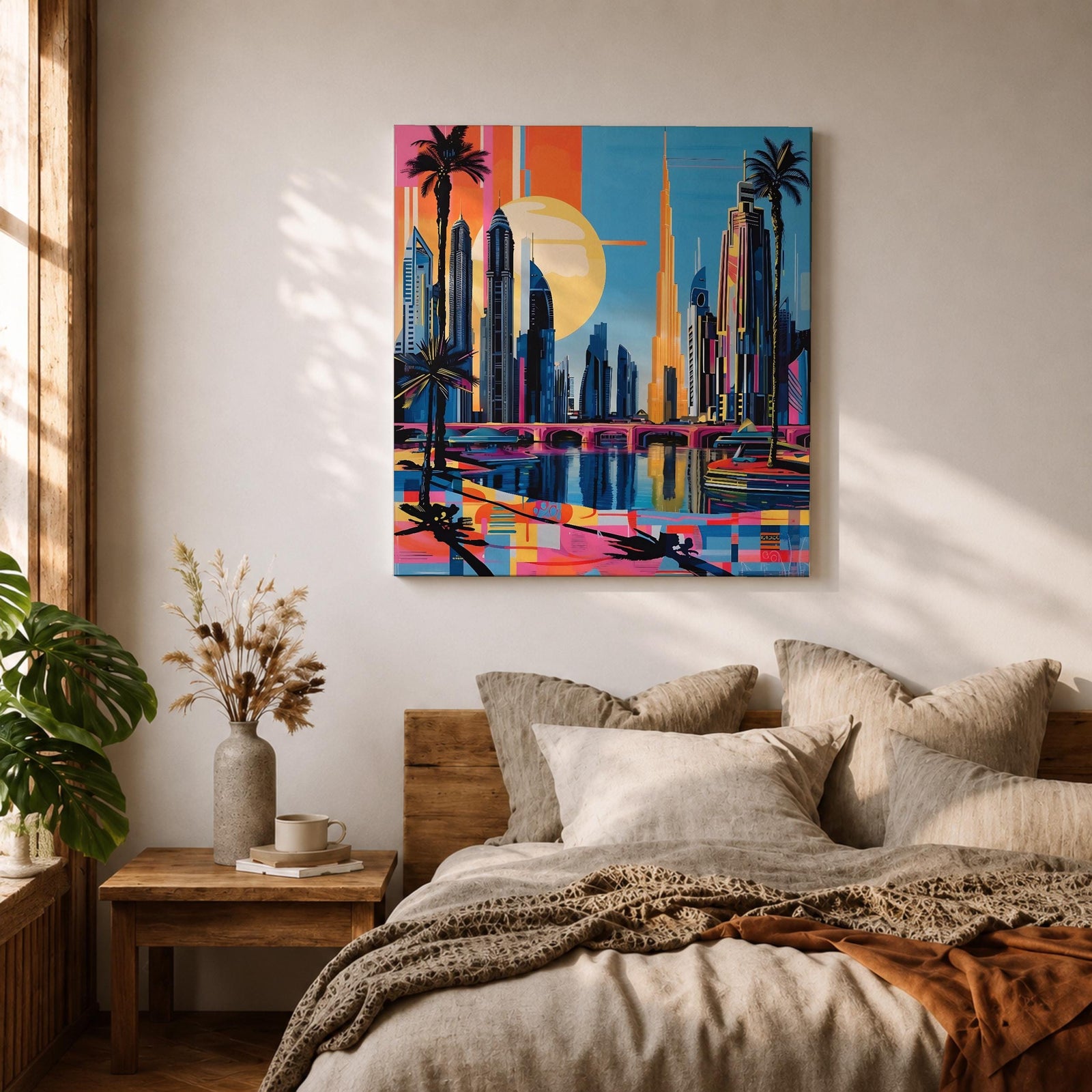 Dubai Skyline Wall Art Burj Khalifa Cityscape Framed Canvas UAE Retro Travel Home Decor