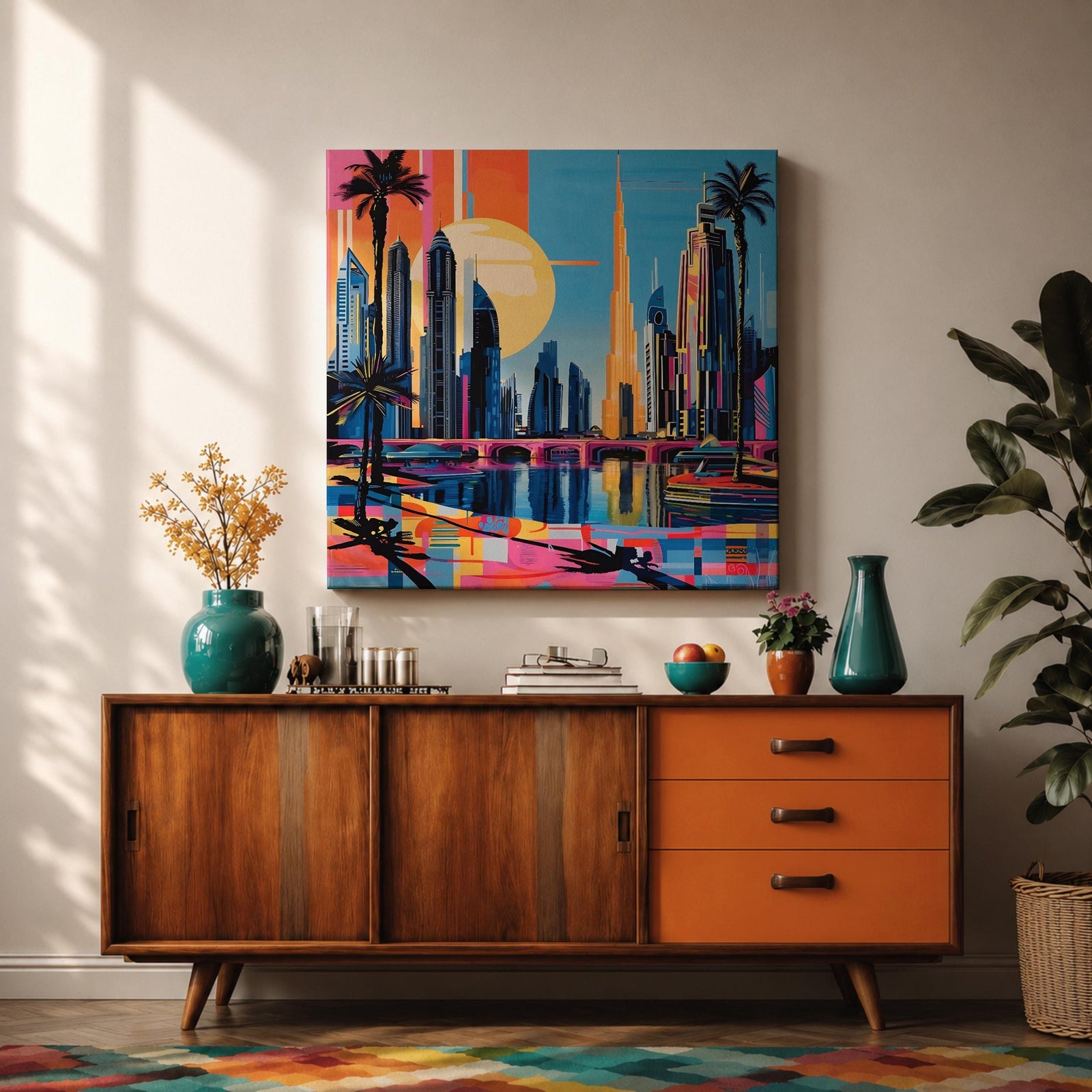 Dubai Skyline Wall Art Burj Khalifa Cityscape Framed Canvas UAE Retro Travel Home Decor