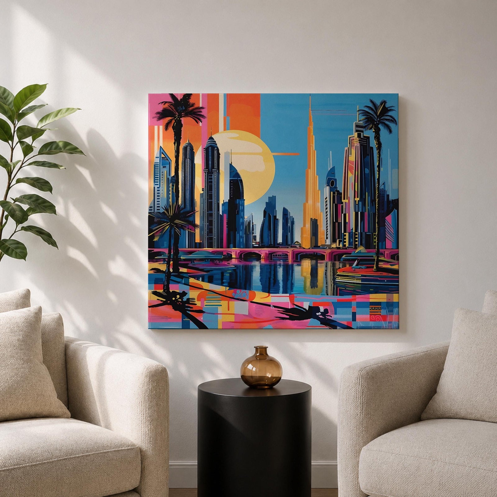 Dubai Skyline Wall Art Burj Khalifa Cityscape Framed Canvas UAE Retro Travel Home Decor