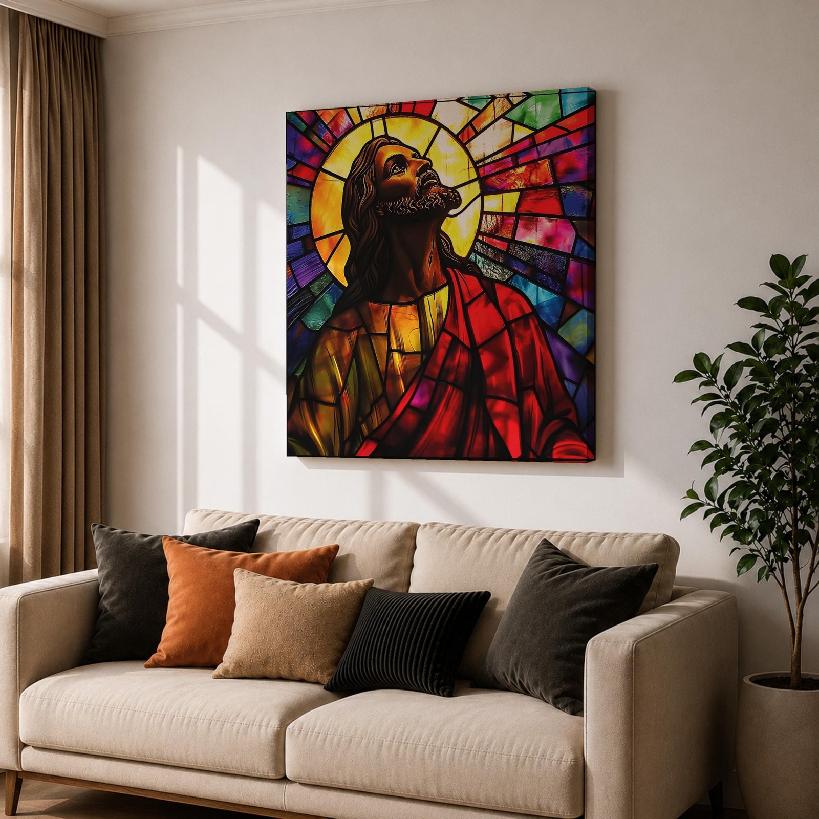 Jesus Christ Wall Art Holy Redeemer Framed Canvas Stained Glass Catholic Christian Home Decor