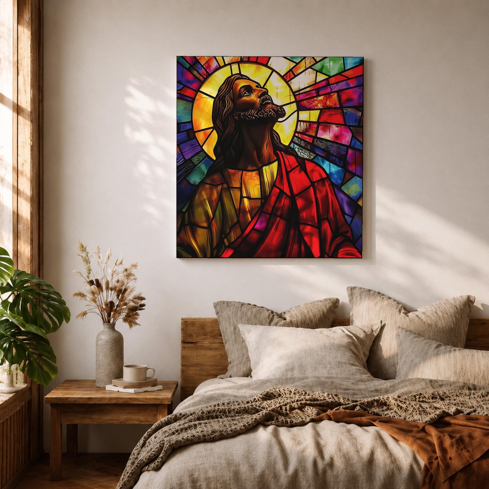 Jesus Christ Wall Art Holy Redeemer Framed Canvas Stained Glass Catholic Christian Home Decor