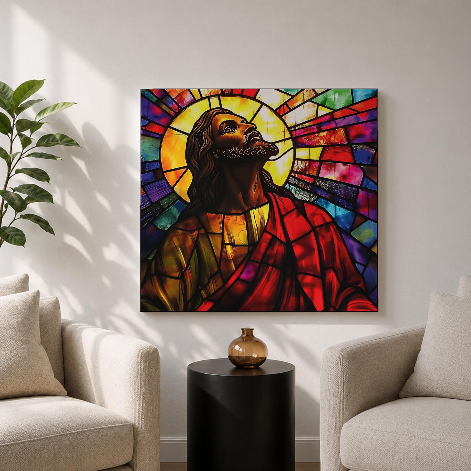 Jesus Christ Wall Art Holy Redeemer Framed Canvas Stained Glass Catholic Christian Home Decor