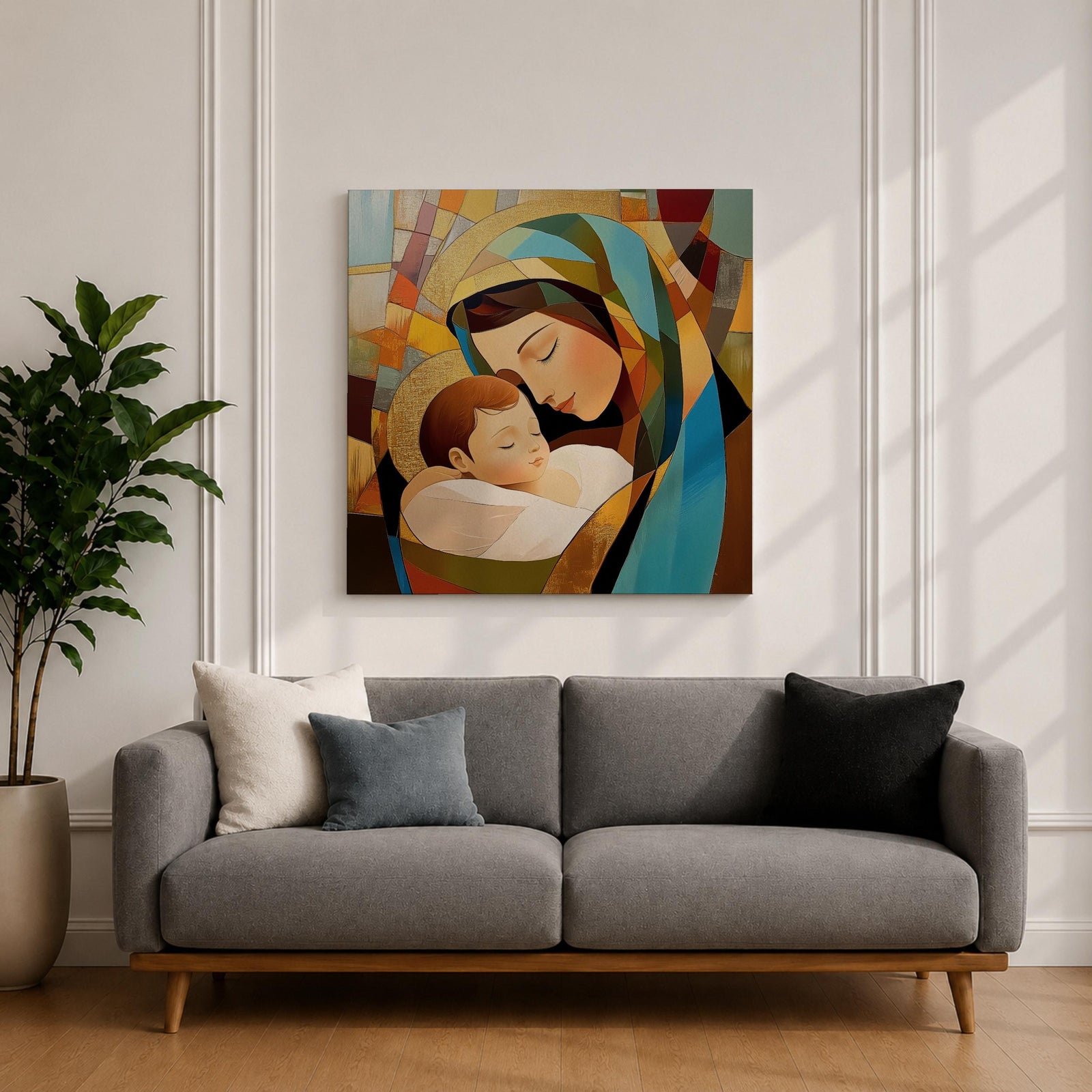 Virgin Mary Wall Art Madonna and Child Framed Canvas Stained Glass Catholic Home Decor