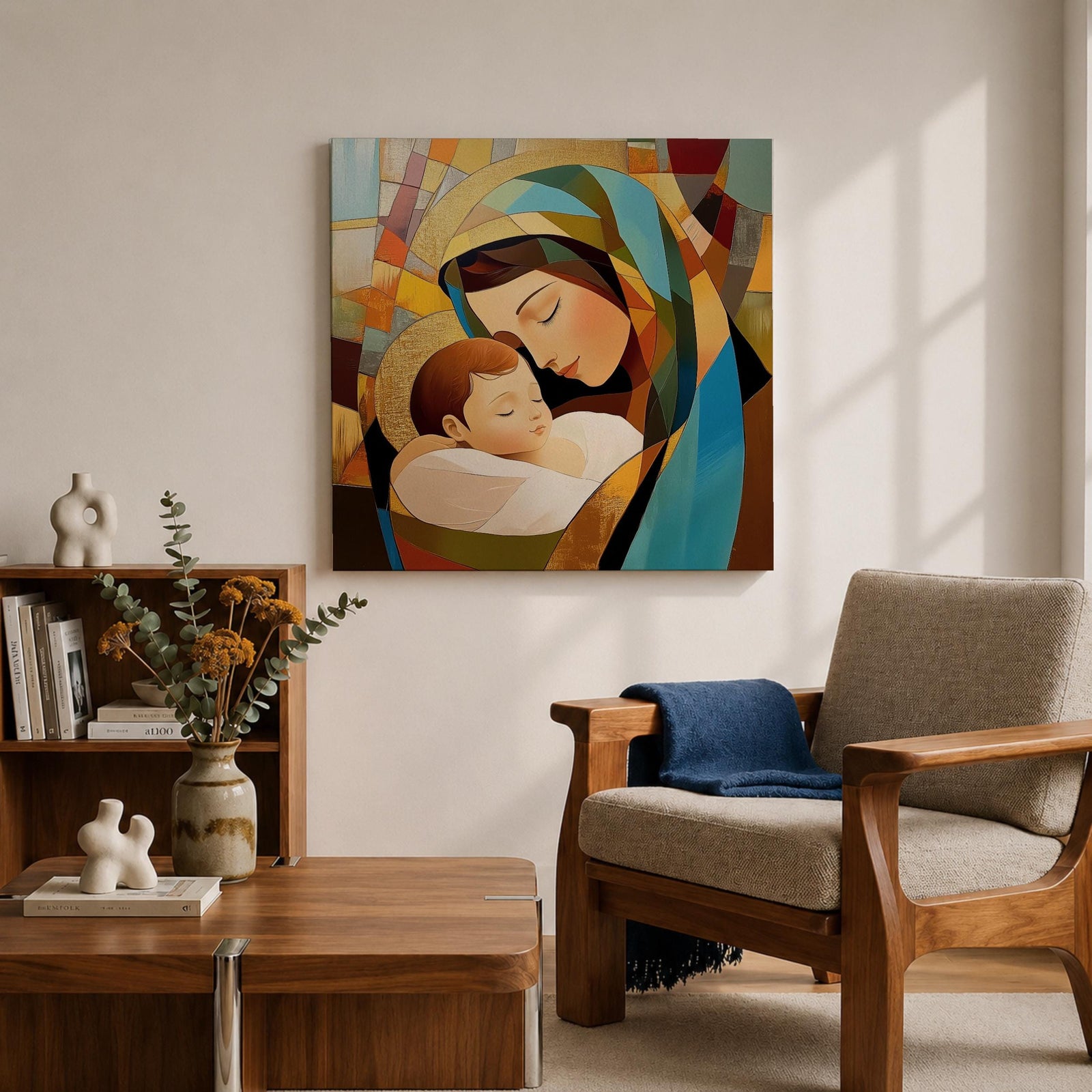 Virgin Mary Wall Art Madonna and Child Framed Canvas Stained Glass Catholic Home Decor