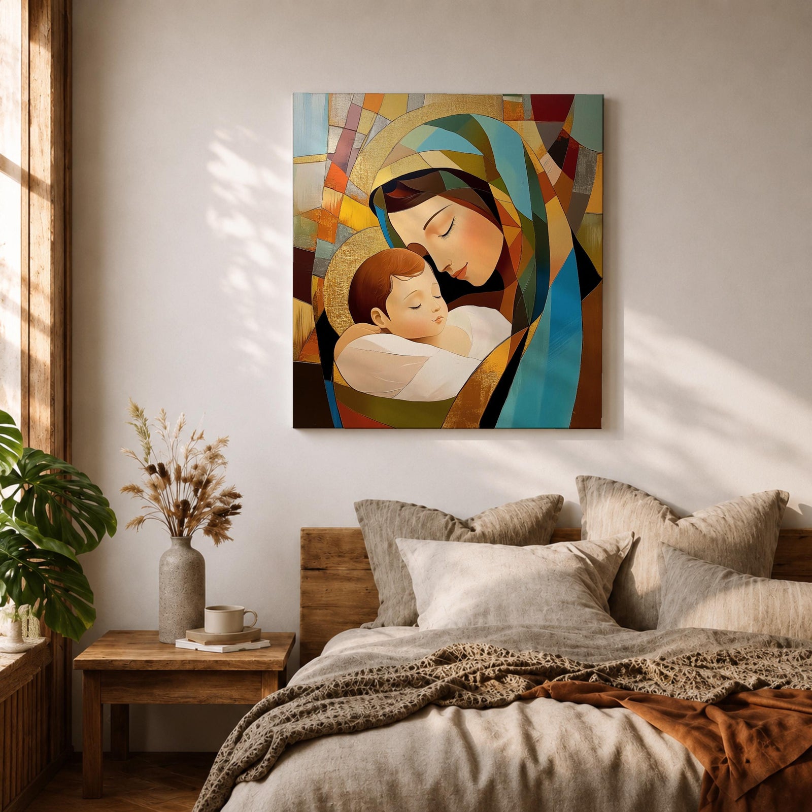 Virgin Mary Wall Art Madonna and Child Framed Canvas Stained Glass Catholic Home Decor