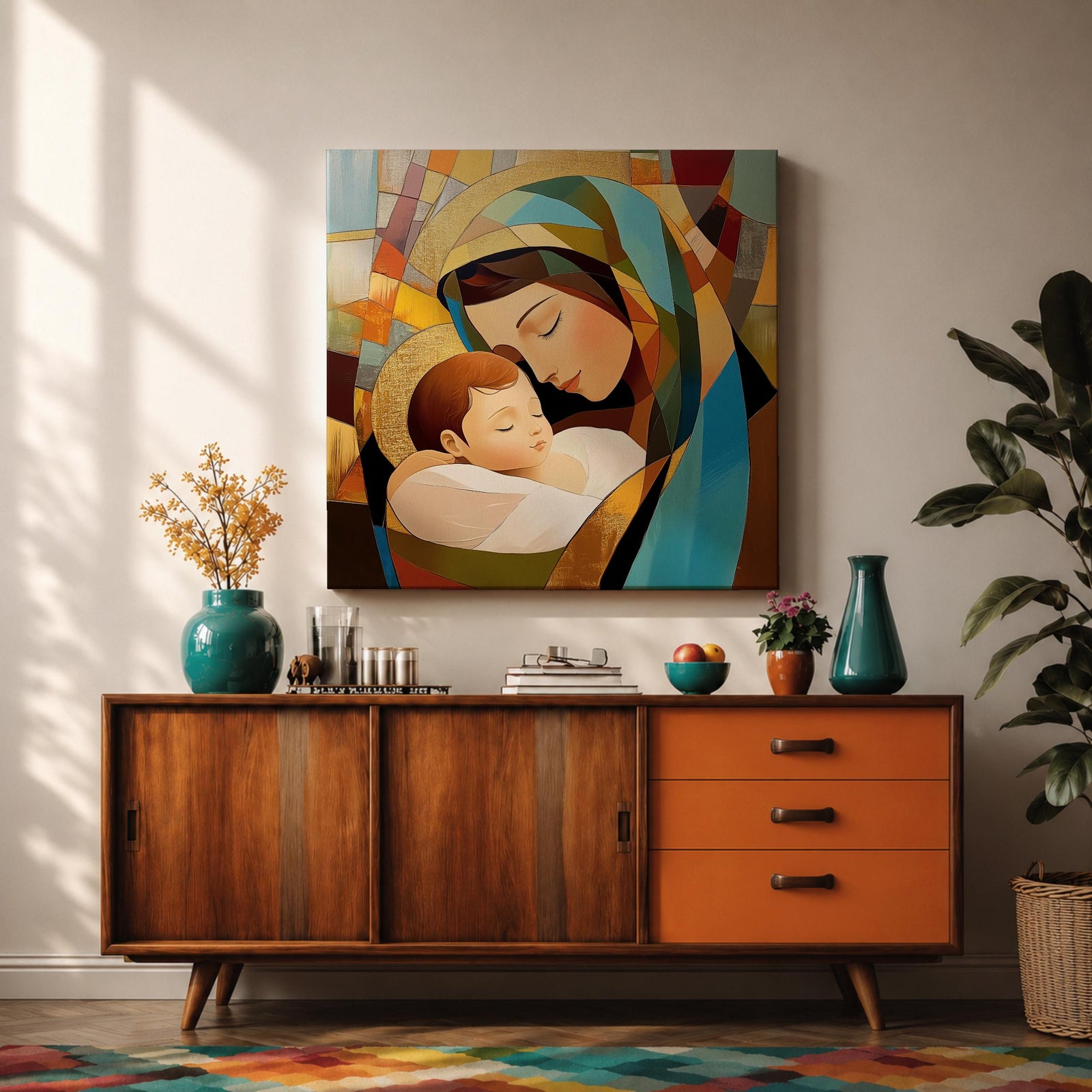 Virgin Mary Wall Art Madonna and Child Framed Canvas Stained Glass Catholic Home Decor