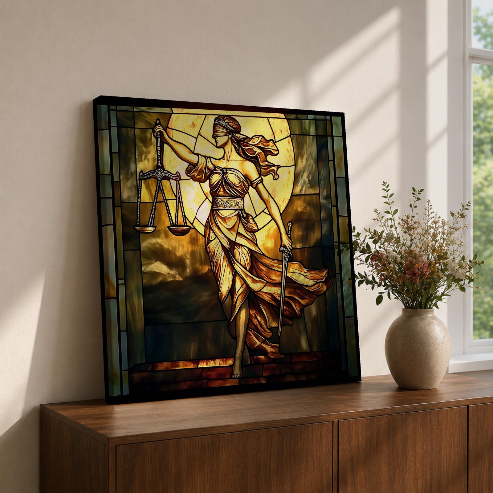Lady Justice Wall Art Legal Symbol Framed Canvas Stained Glass Law Office Decor
