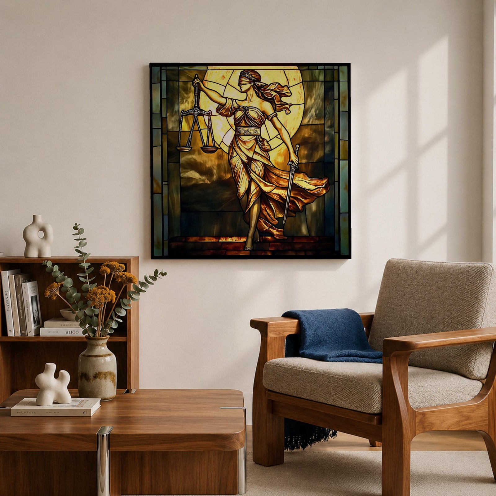 Lady Justice Wall Art Legal Symbol Framed Canvas Stained Glass Law Office Decor
