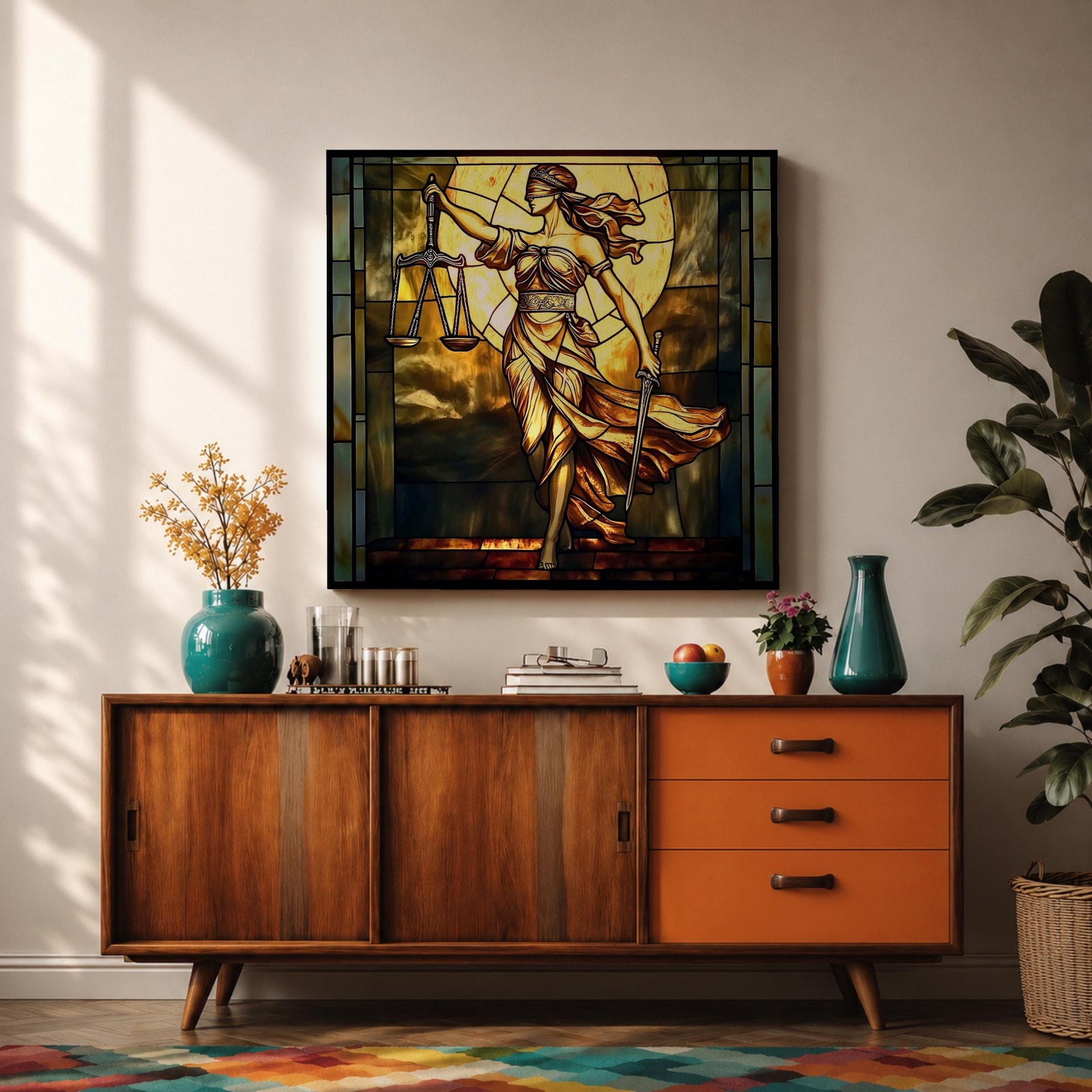 Lady Justice Wall Art Legal Symbol Framed Canvas Stained Glass Law Office Decor