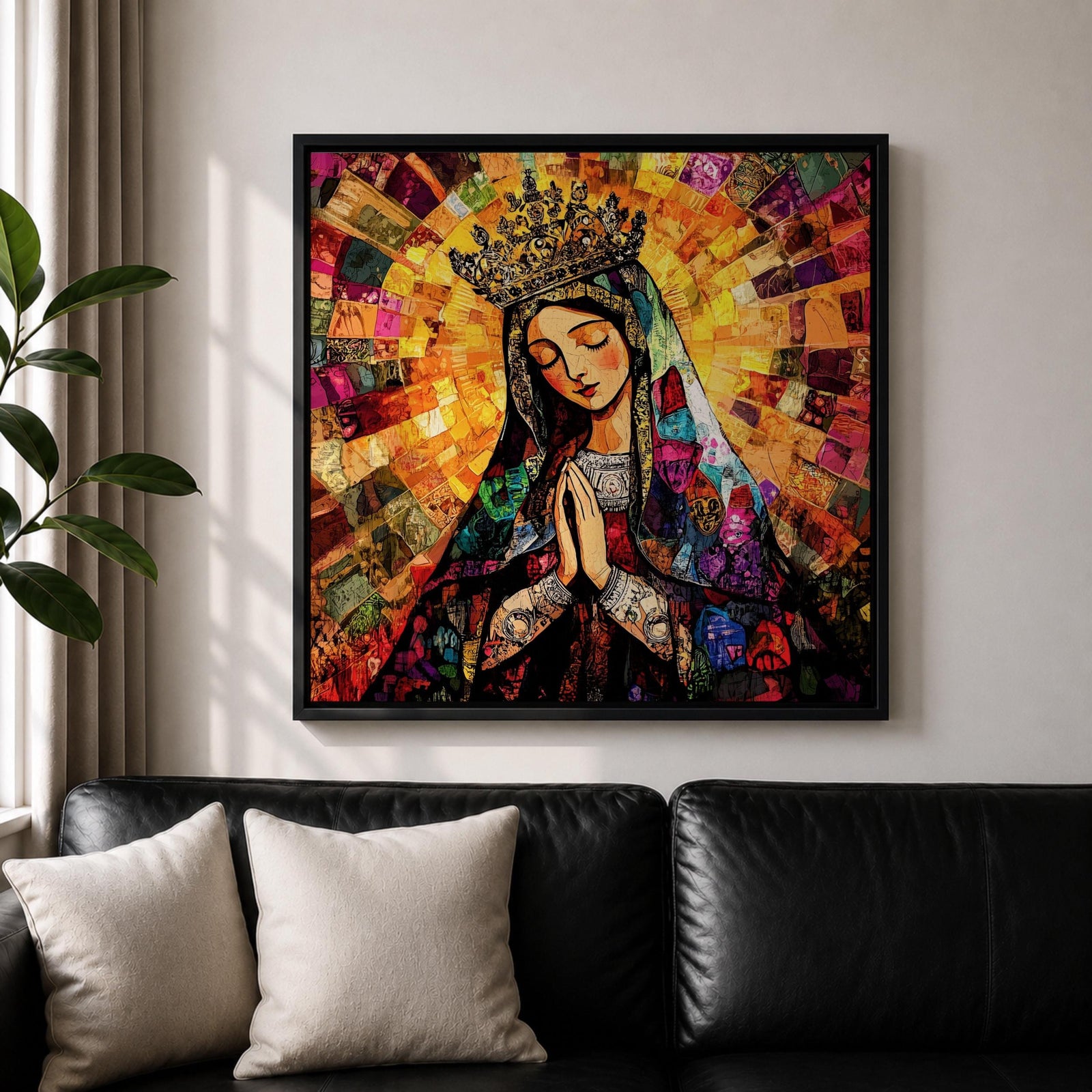Virgin Mary Wall Art Queen of Heaven Framed Canvas Mosaic Catholic Sacred Home Decor