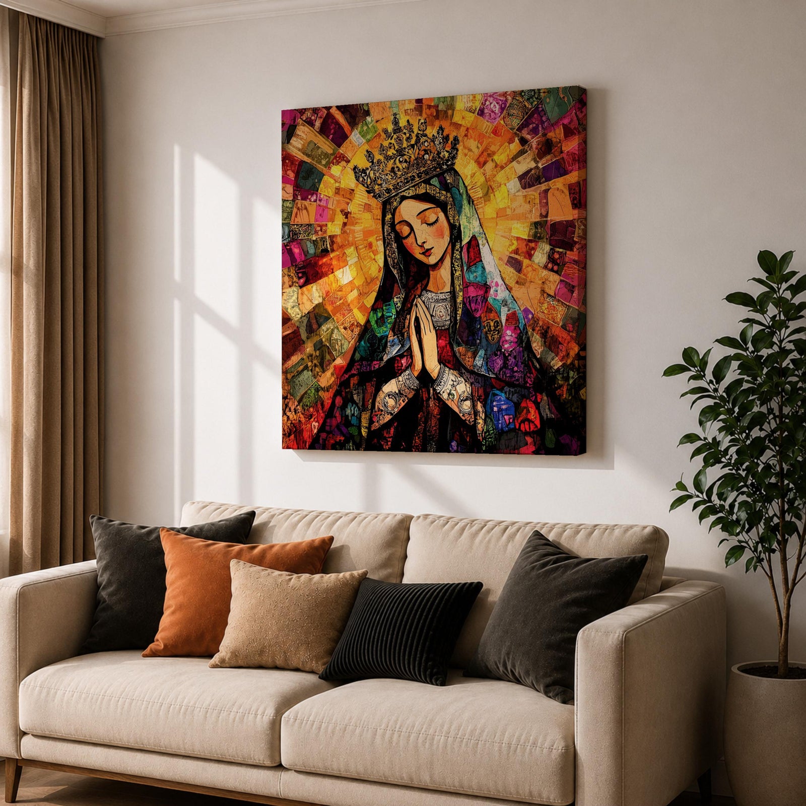 Virgin Mary Wall Art Queen of Heaven Framed Canvas Mosaic Catholic Sacred Home Decor