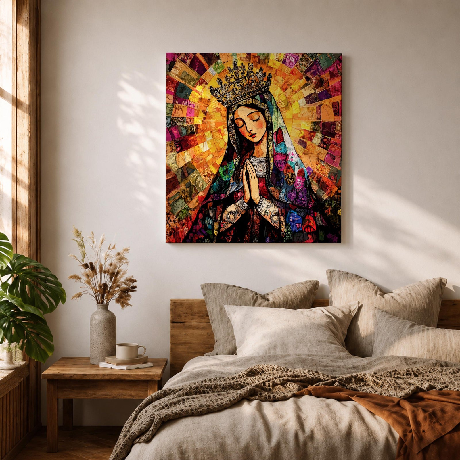 Virgin Mary Wall Art Queen of Heaven Framed Canvas Mosaic Catholic Sacred Home Decor